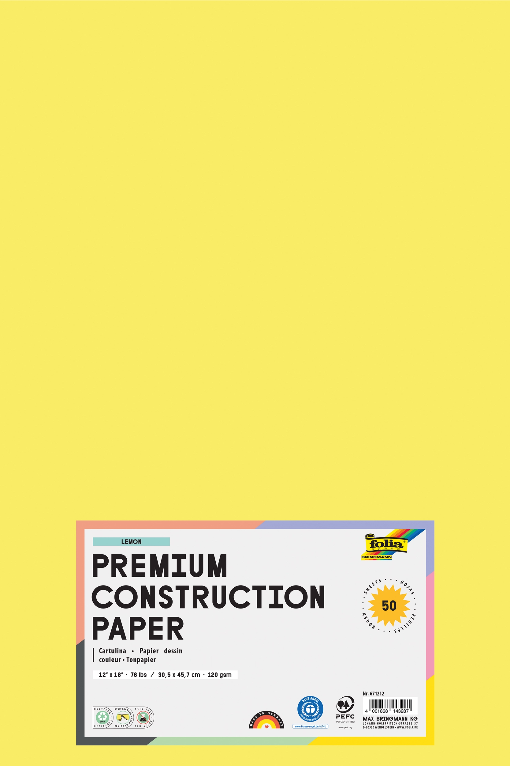 Tonpapier, Zitronengelb, 30,5 x 45,7 cm, 120 g/m², 50 Blatt