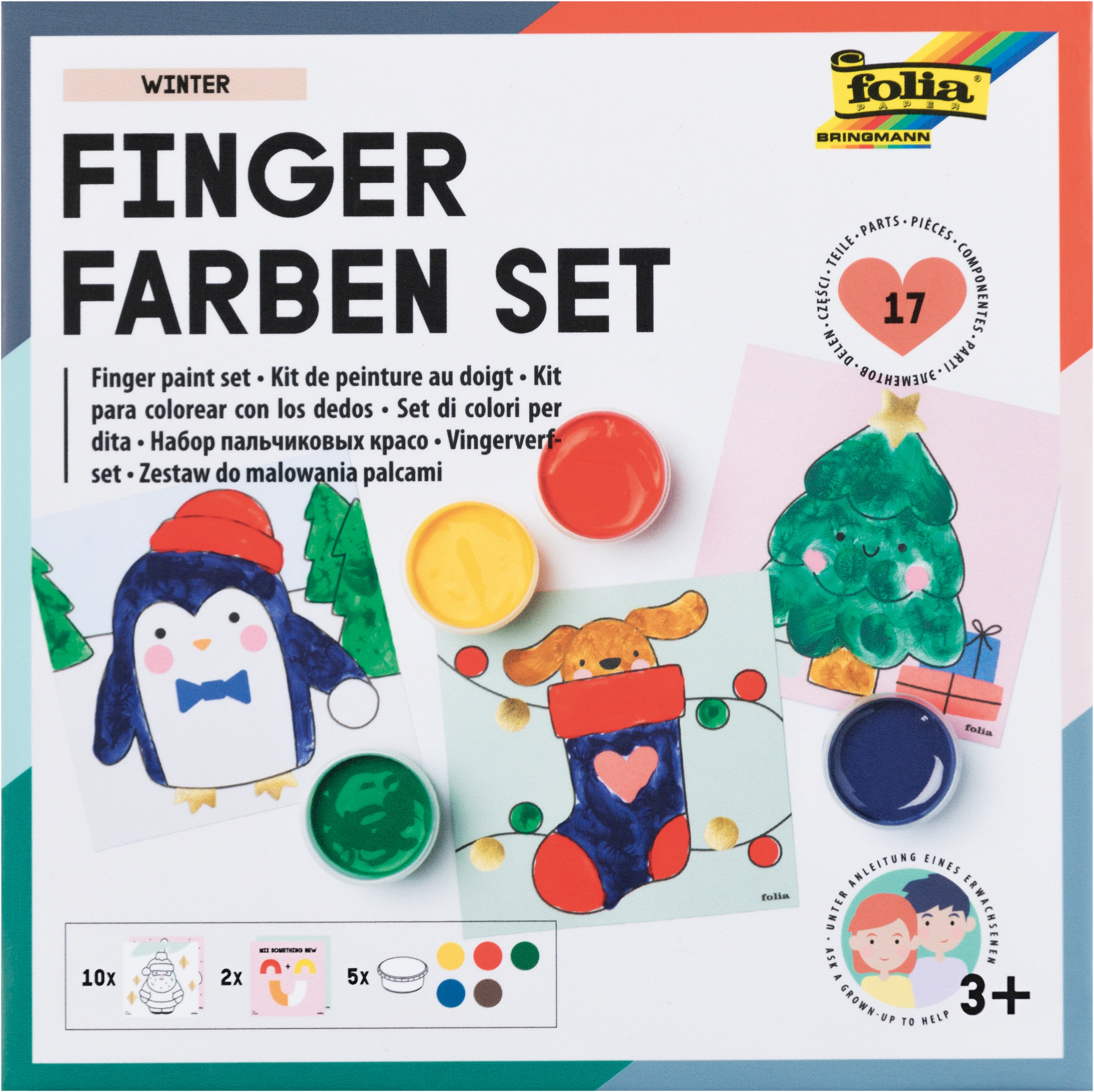 Fingerfarben Set, Winter, Gelb, Rot, Dunkelgrün, Dunkelblau, Braun
