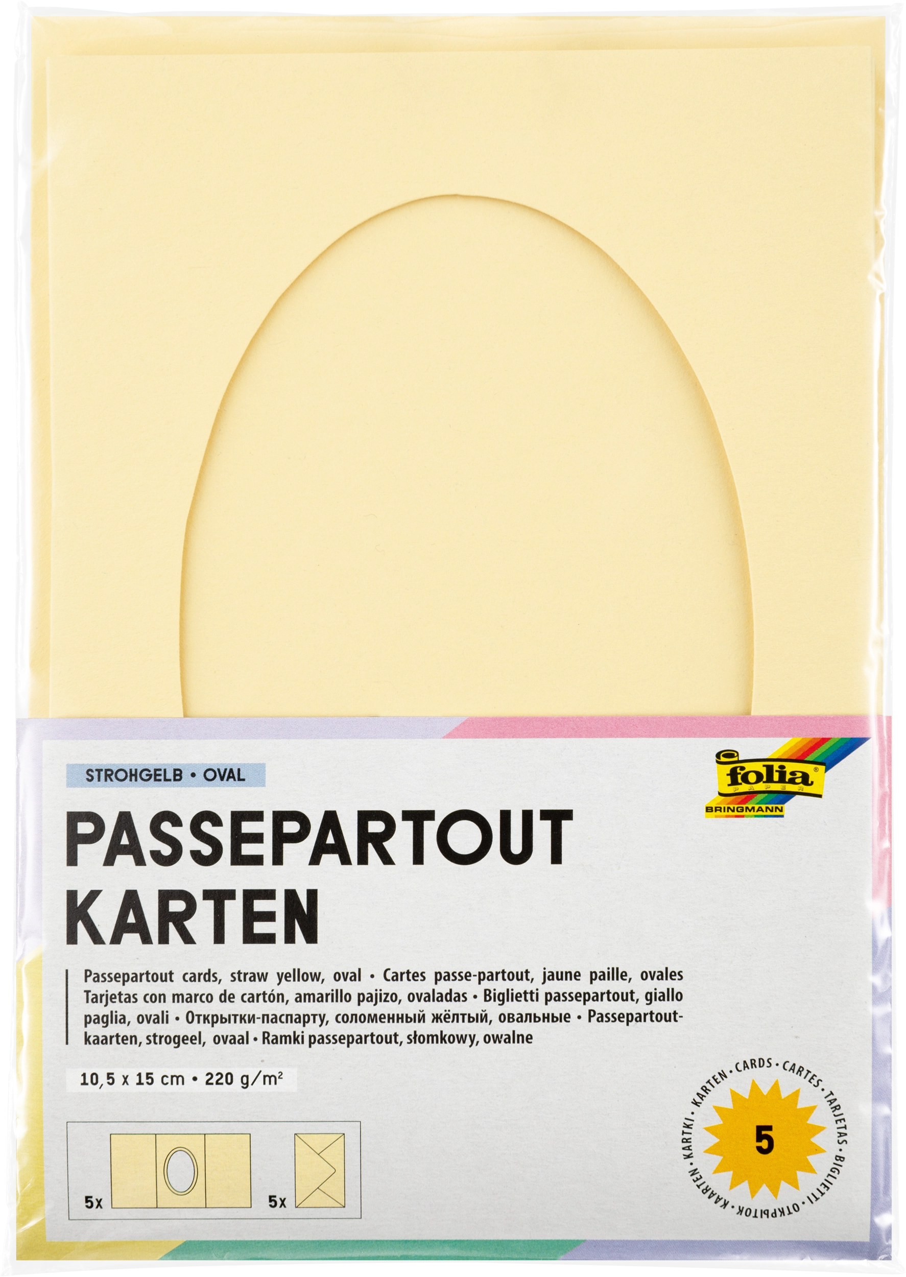 Passepartoutkarten, Strohgelb, Oval, 10,5 x 15,0 cm, 130 g/m², 220 g/m² , 5 Stück
