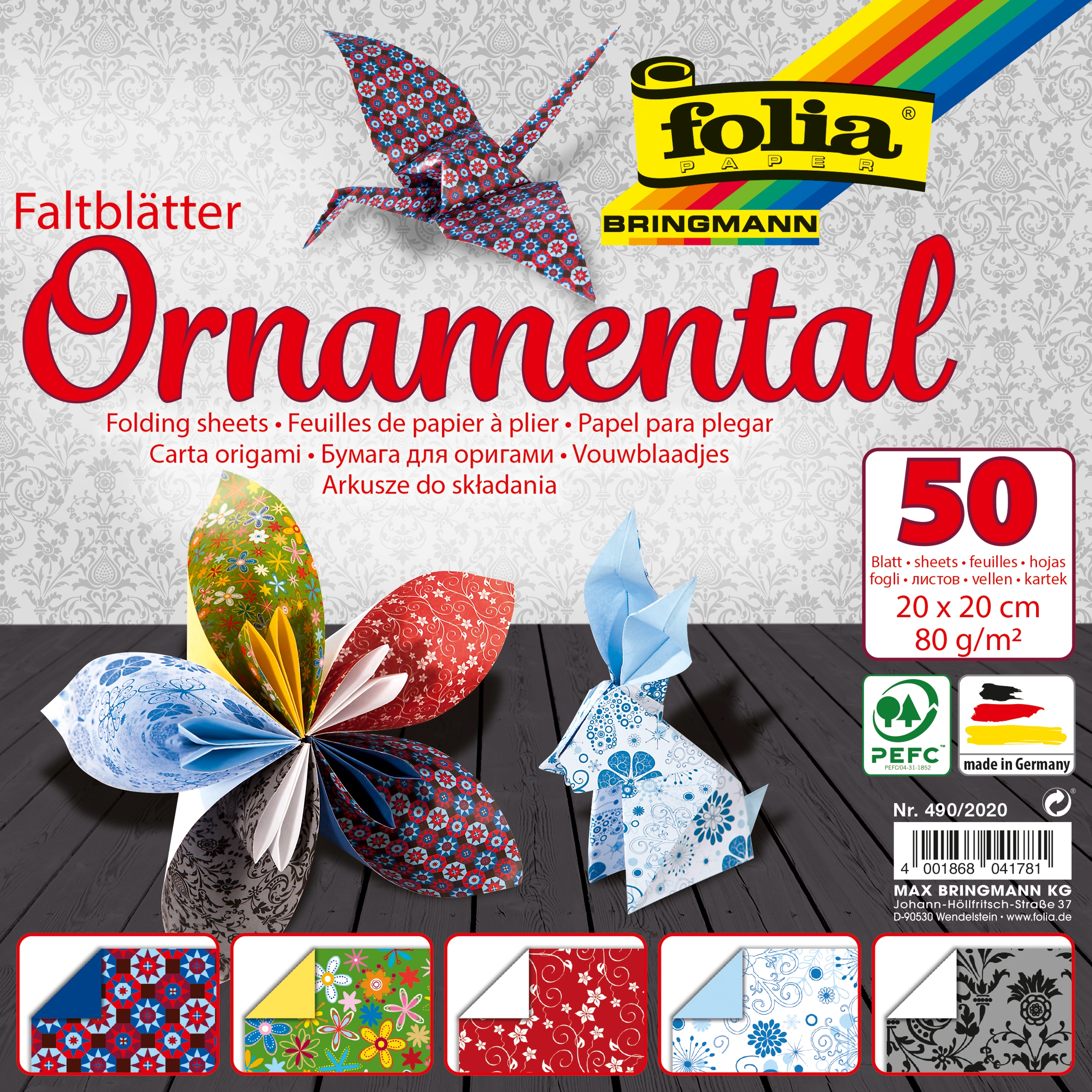 Origamipapier mit Motiv, Ornamental, 20 x 20 cm, 80 g/m², 50 Blatt