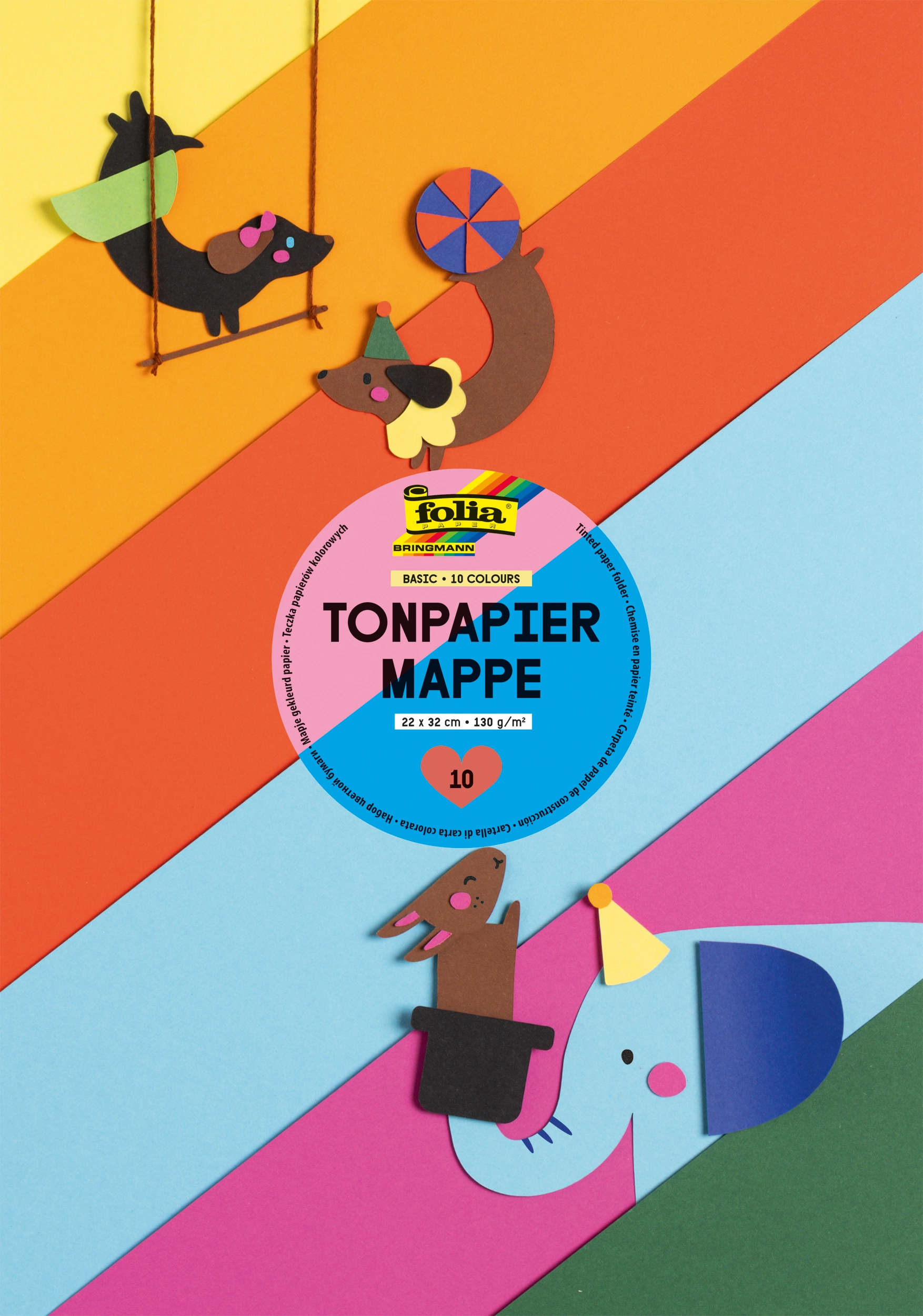 Tonpapiermappe, Basic, 10 Farben, 22 x 32 cm, 130 g/m², 10 Blatt