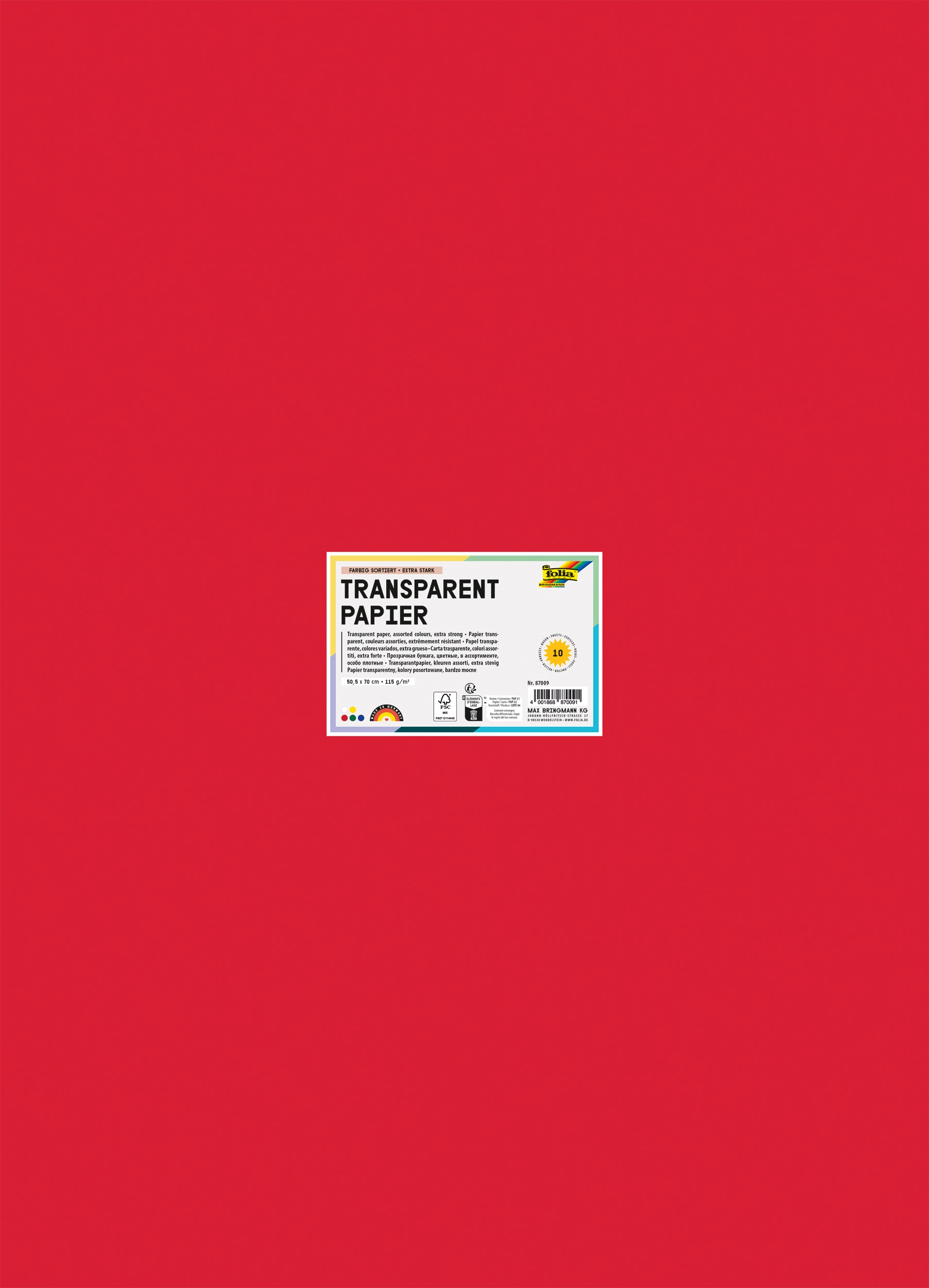 Transparentpapier, Farbig Sortiert, Extra Stark, 50,5 x 70,0 cm, 115 g/m², 10 Blatt