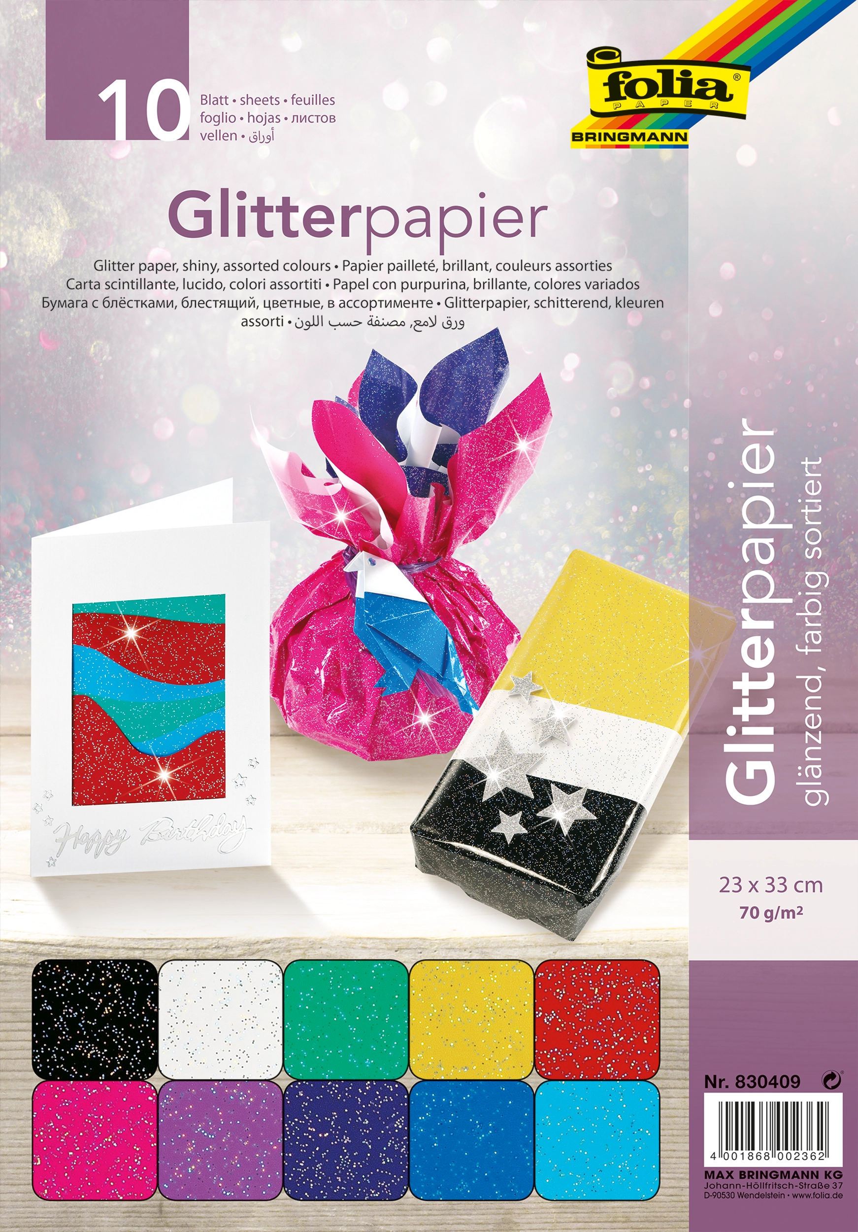 Glitterpapier, Mix Bunt, Glänzend, 23 x 33 cm, 70 g/m², 10 Blatt