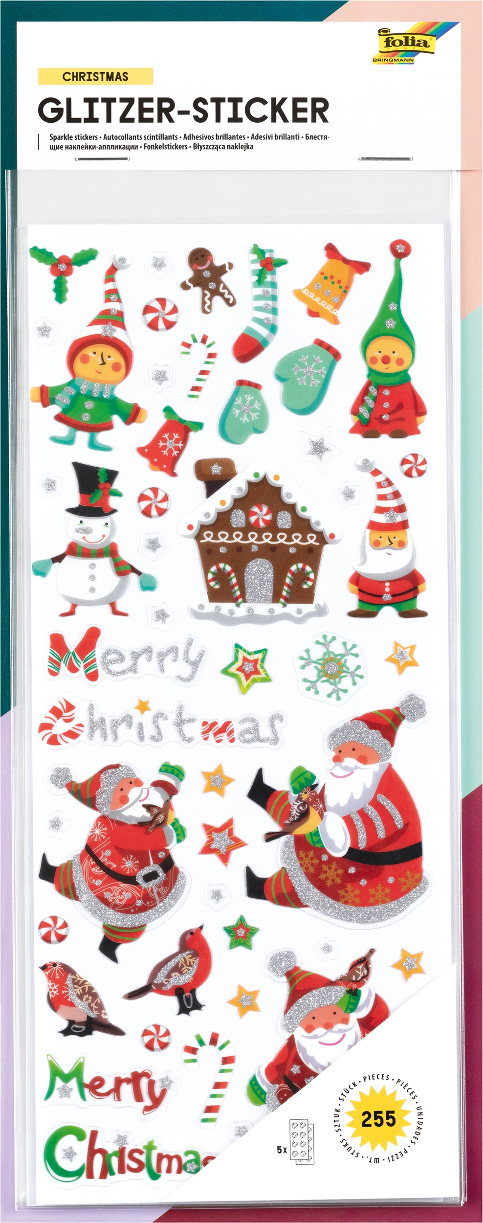 Glitzer-Sticker, Weihnachten, 255 Sticker, 5 Blatt