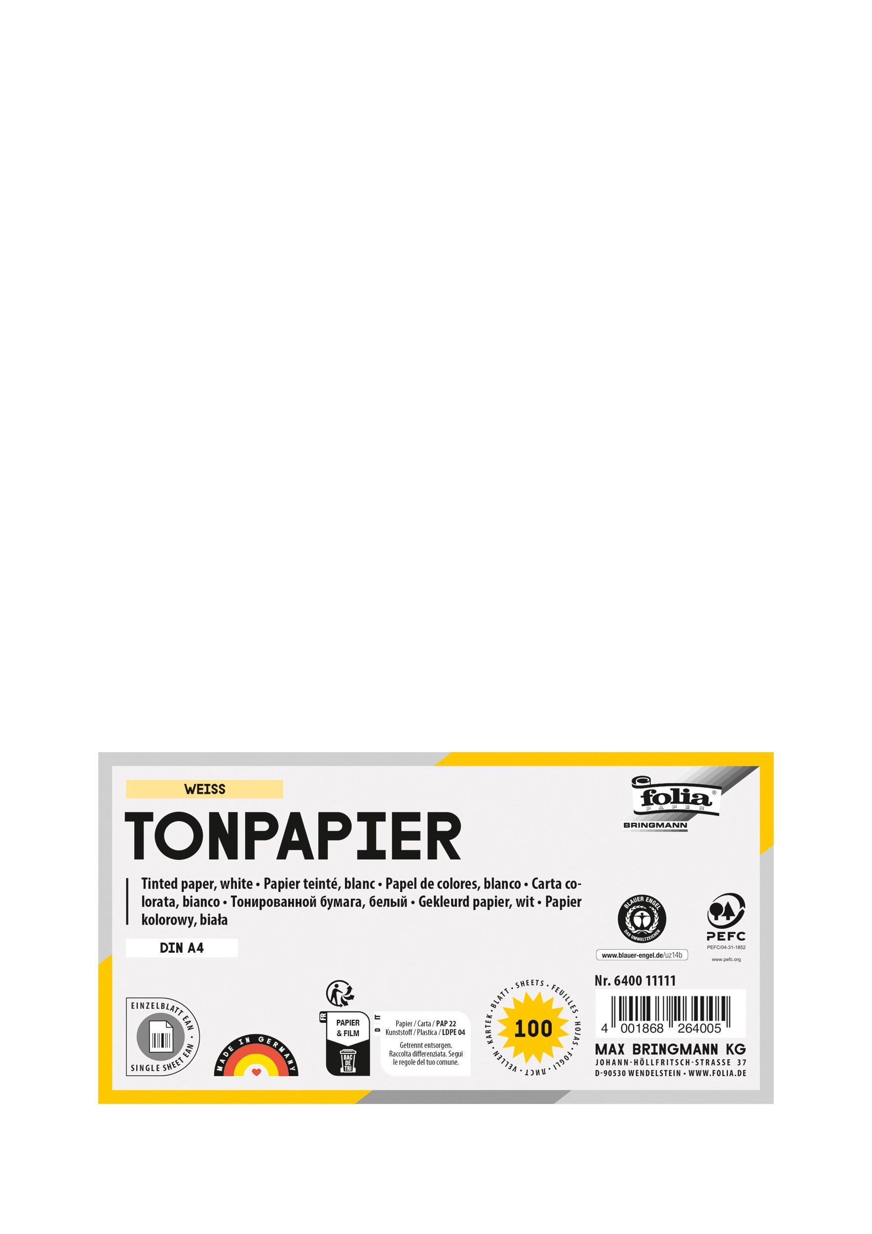 Tonpapier , Weiß, DIN A4, 130 g/m², 100 Blatt, ja