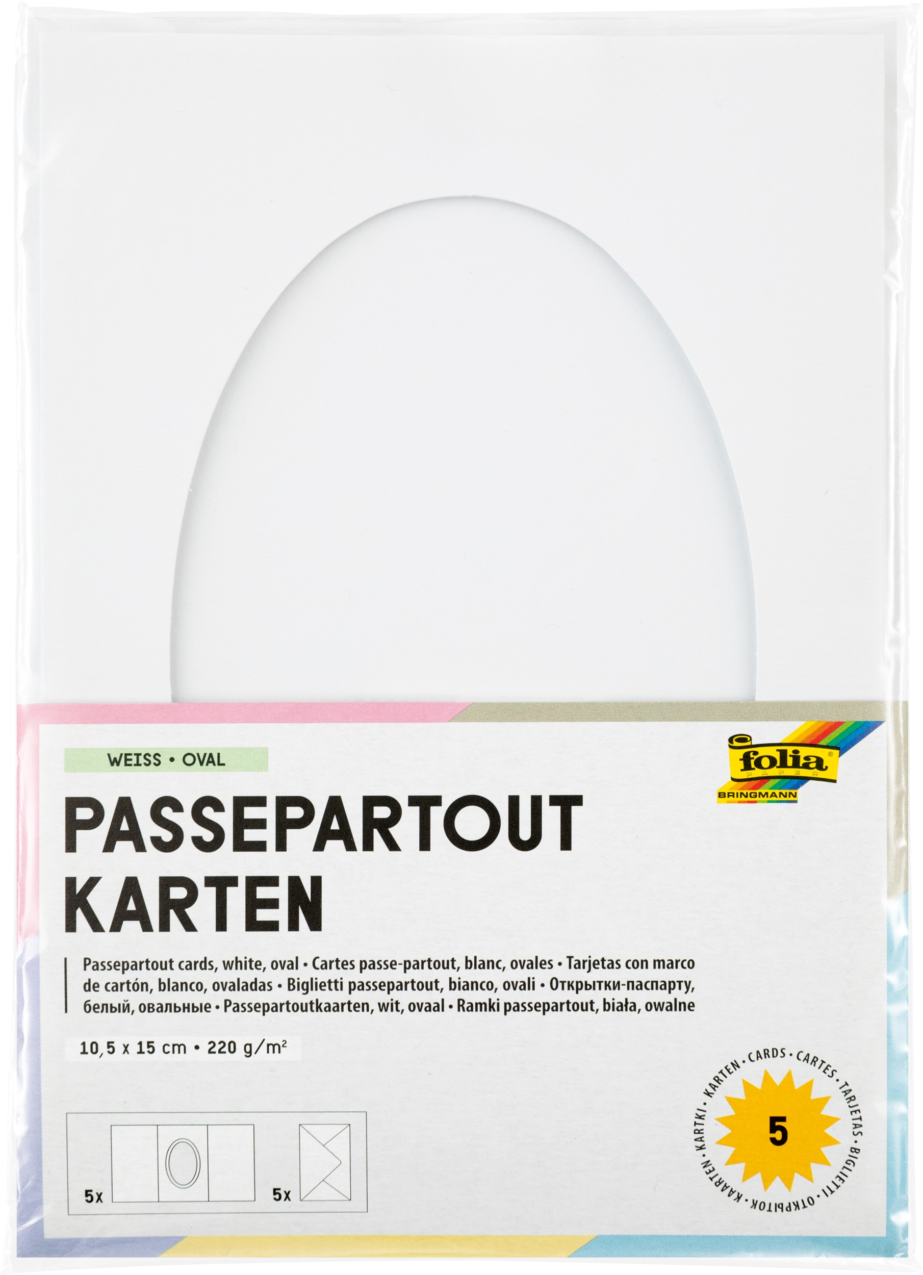 Passepartoutkarten, Weiß, Oval, 10,5 x 15,0 cm, 130 g/m², 220 g/m² , 5 Stück