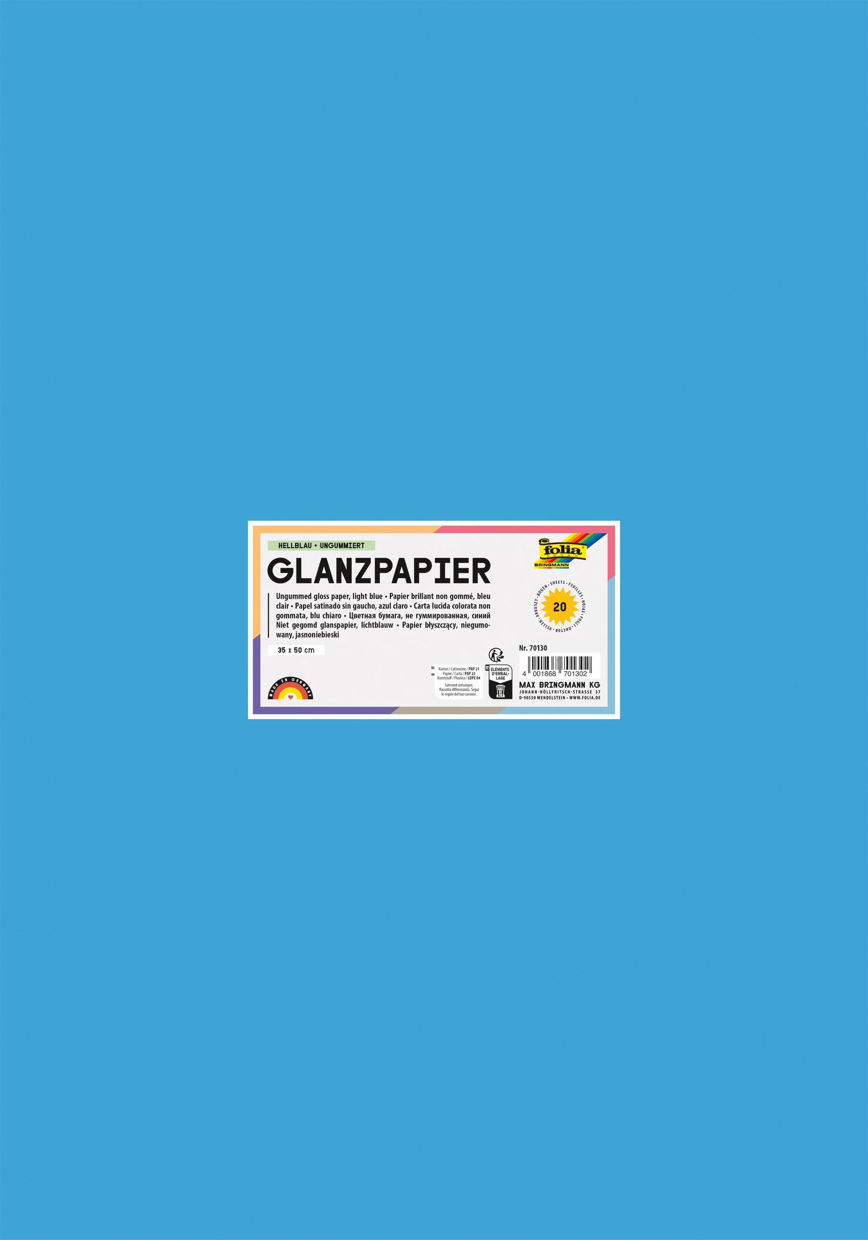 Glanzpapier, Hellblau, Ungummiert, 35 x 50 cm, 80 g/m², 20 Blatt