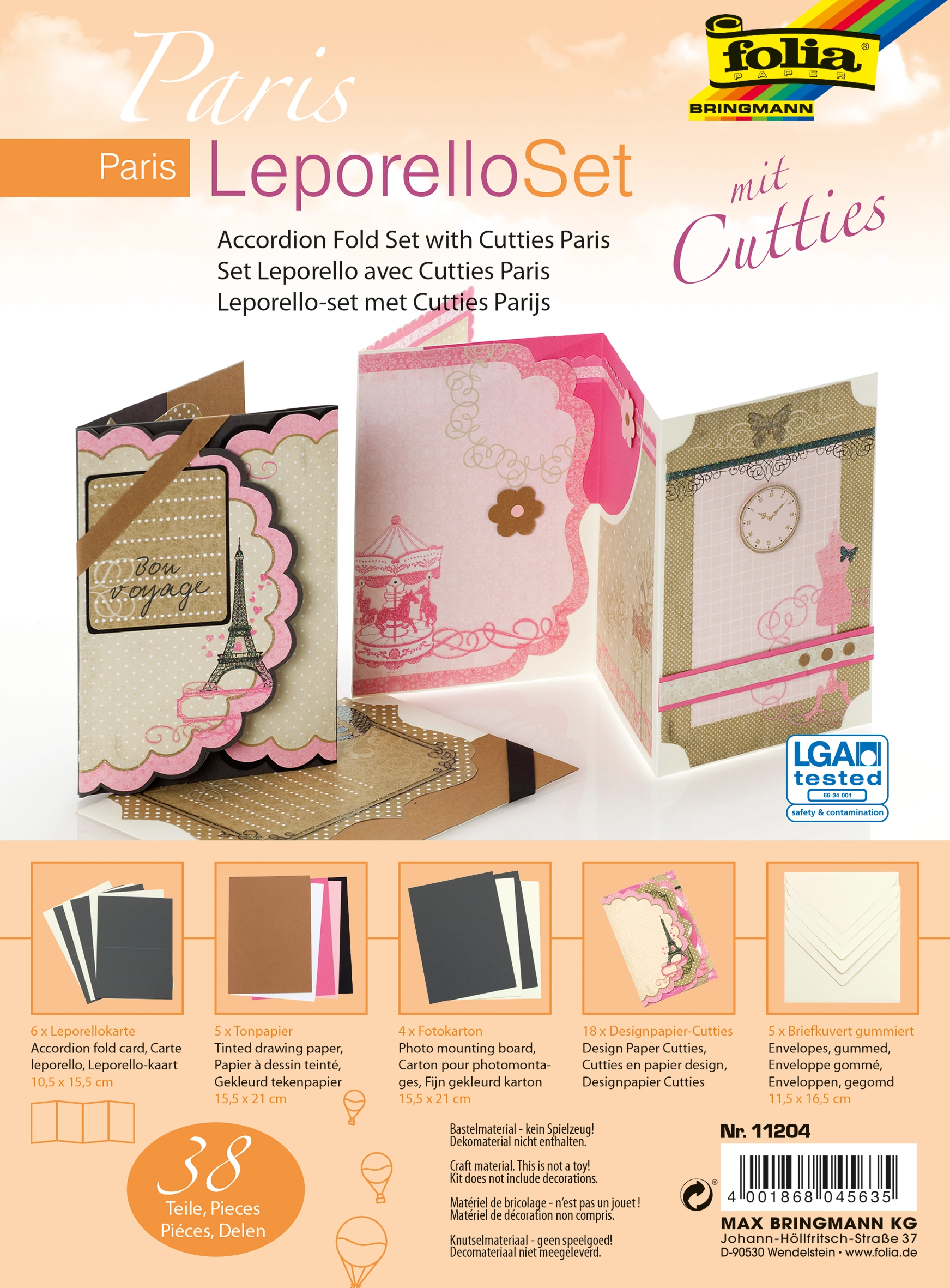 Accordion Fold Cards Kit with Cutties, Paris, 10,5 x 15,5 cm, 130 g/m², 300 g/m², 38 pieces