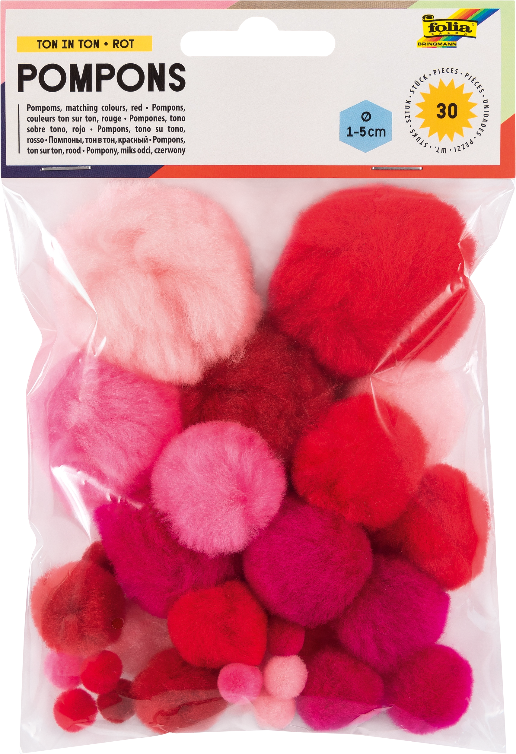 Pompons, Ton in Ton, Rot, Ø 1 - 5 cm, 30 Stück