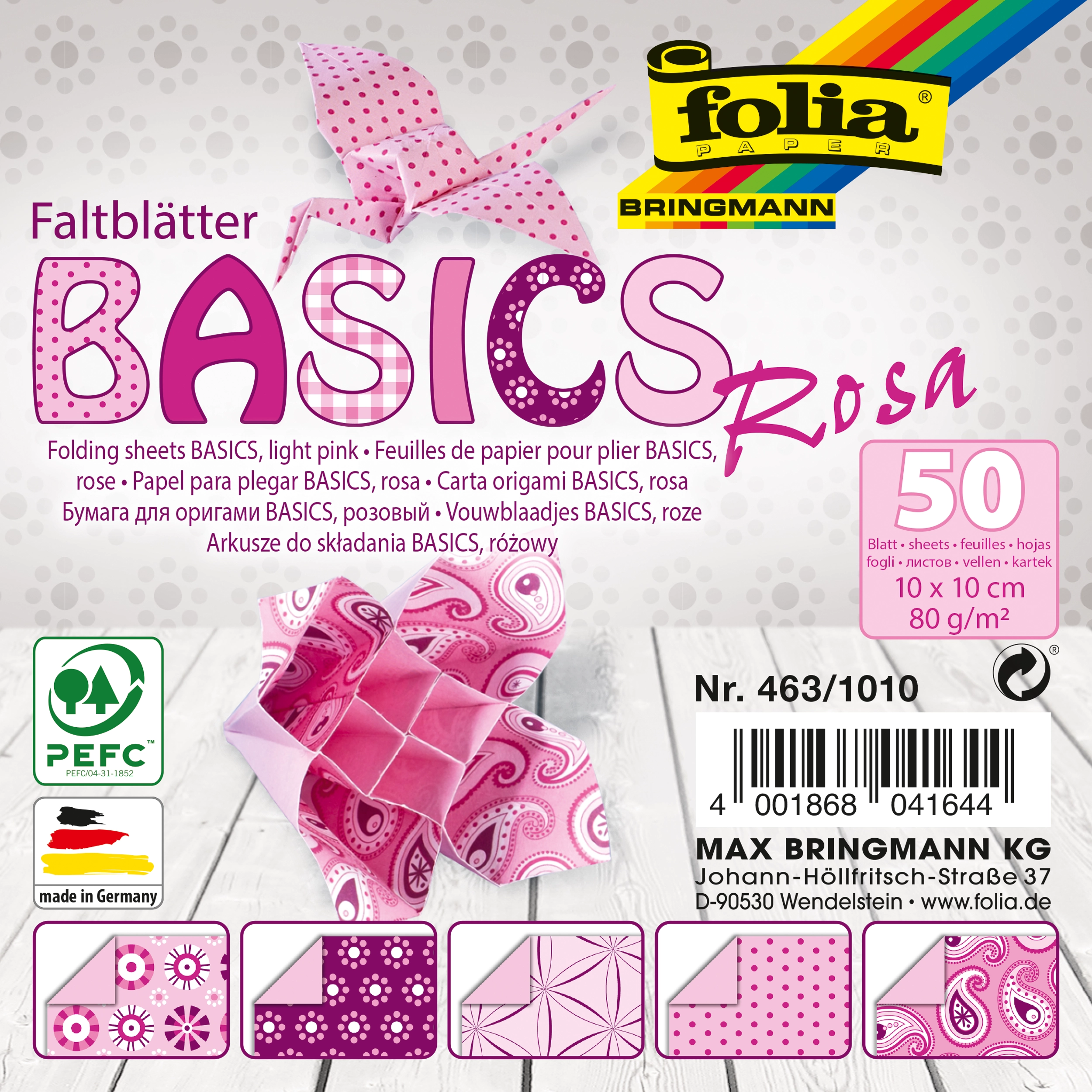 Origamipapier, Basics, Rosa, 10 x 10 cm, 80 g/m², 50 Blatt