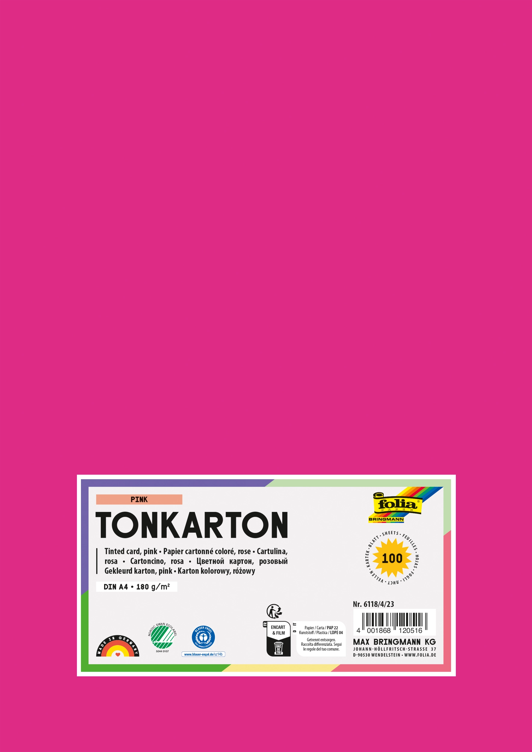 Tonkarton, Pink, DIN A4, 180g/m², 100 Blatt