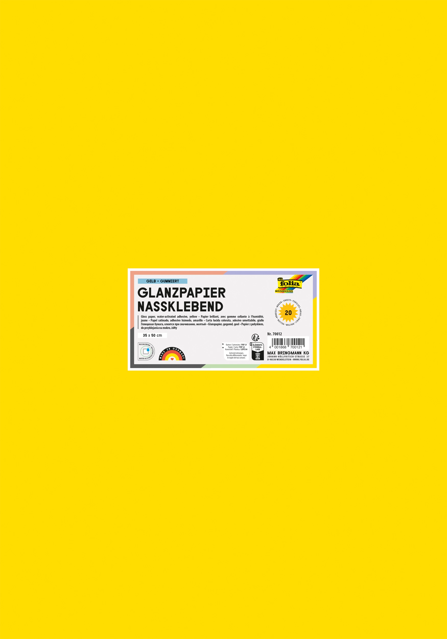 Glanzpapier Nassklebend, Gelb, Gummiert, 35 x 50 cm, 80 g/m², 20 Blatt