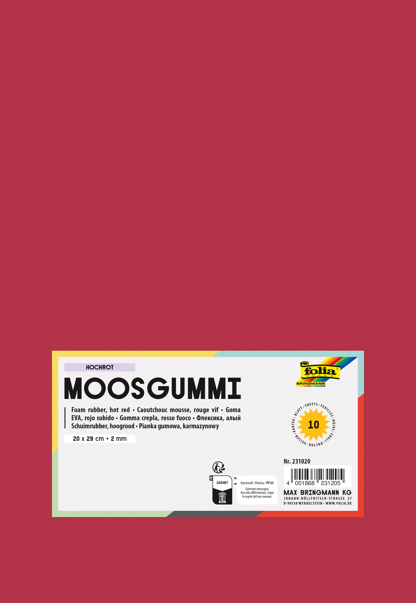 Moosgummi, Hochrot, 20 x 29 cm, 10 Blatt