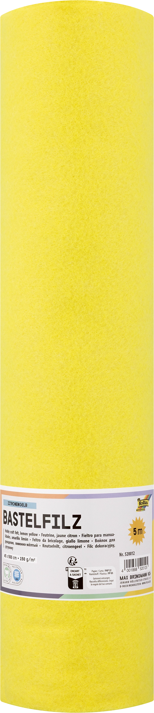 Hobby Craft Felt, Lemon Yellow, 45 cm x 5 m, 150 g/m², 1 roll