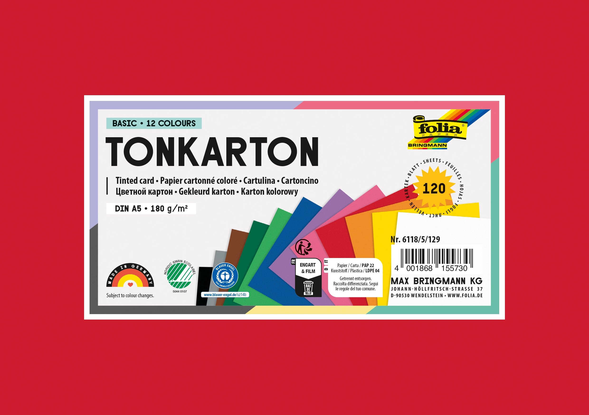Tinted Card, 12 Colours Assorted, DIN A5, 180 g/m², 120 sheets