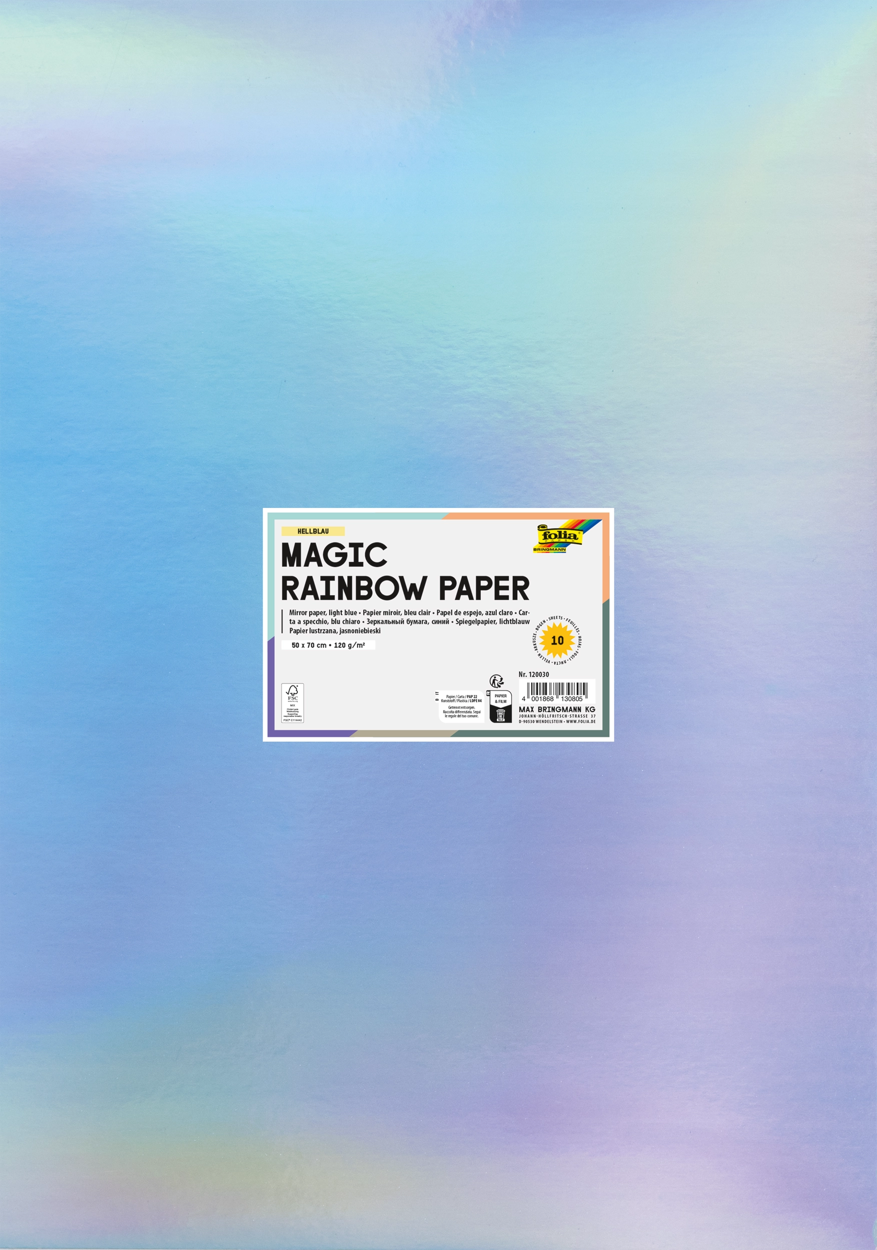 Magic Rainbow Paper, Light Blue, Iridescent, 50 x 70 cm, 120 g/m², 10 sheets