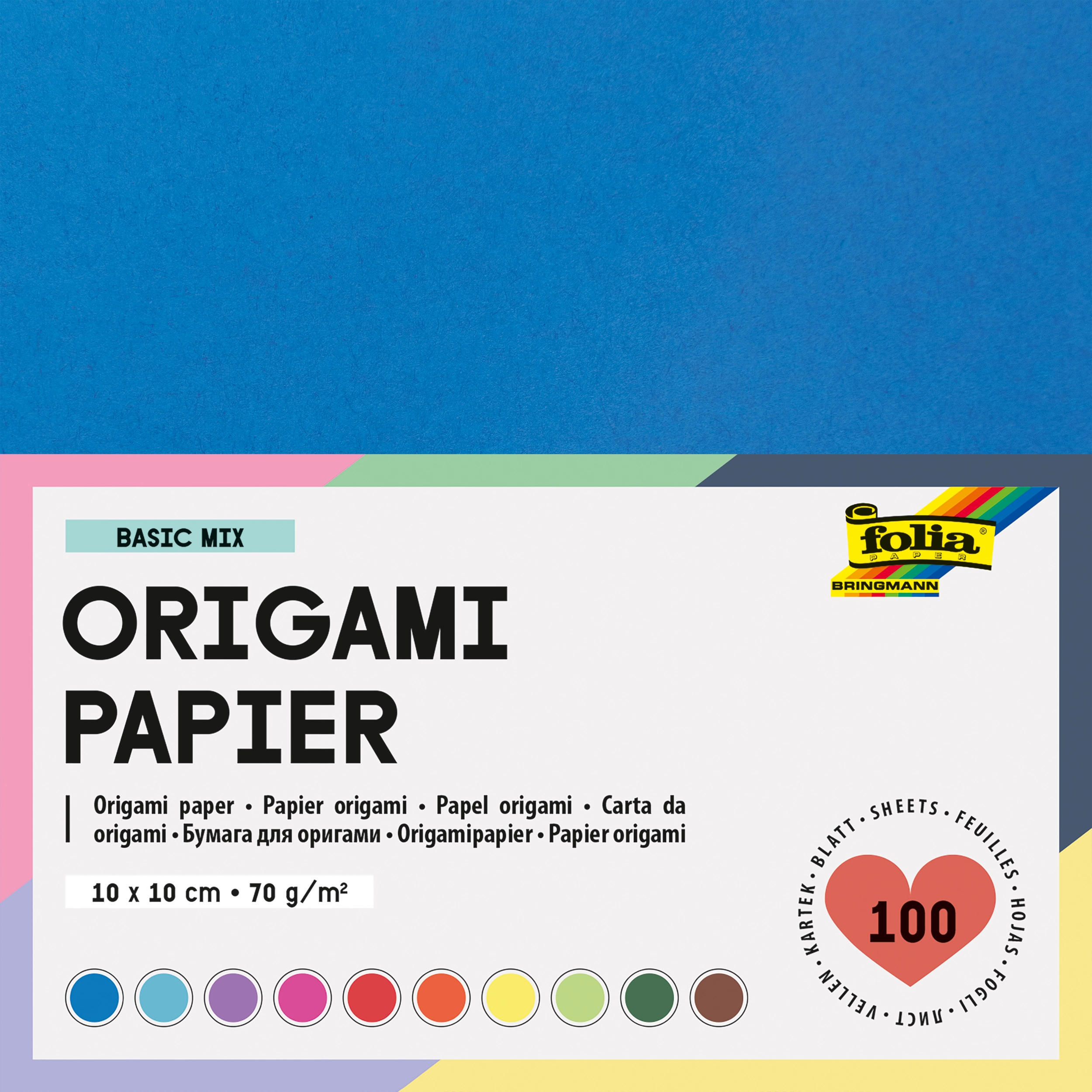 Origamipapier, Basic Mix, 10 x 10 cm, 70 g/m², 100 Blatt