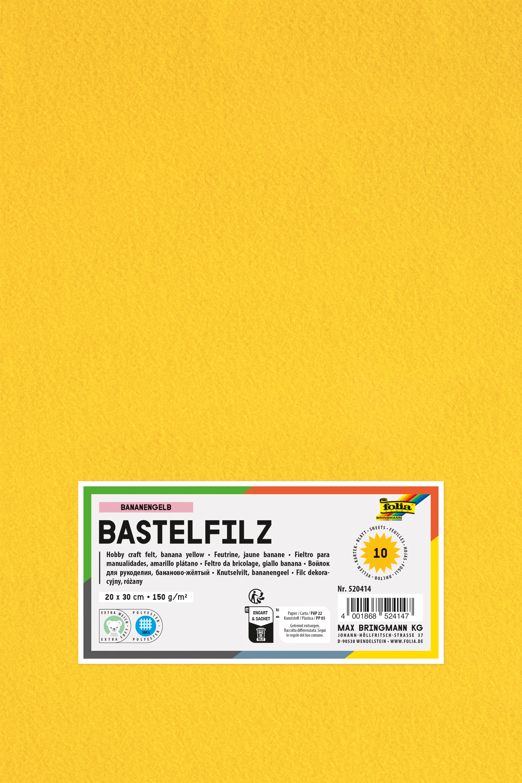 Bastelfilz, Bananengelb, 20 x 30 cm, 150 g/m², 10 Blatt