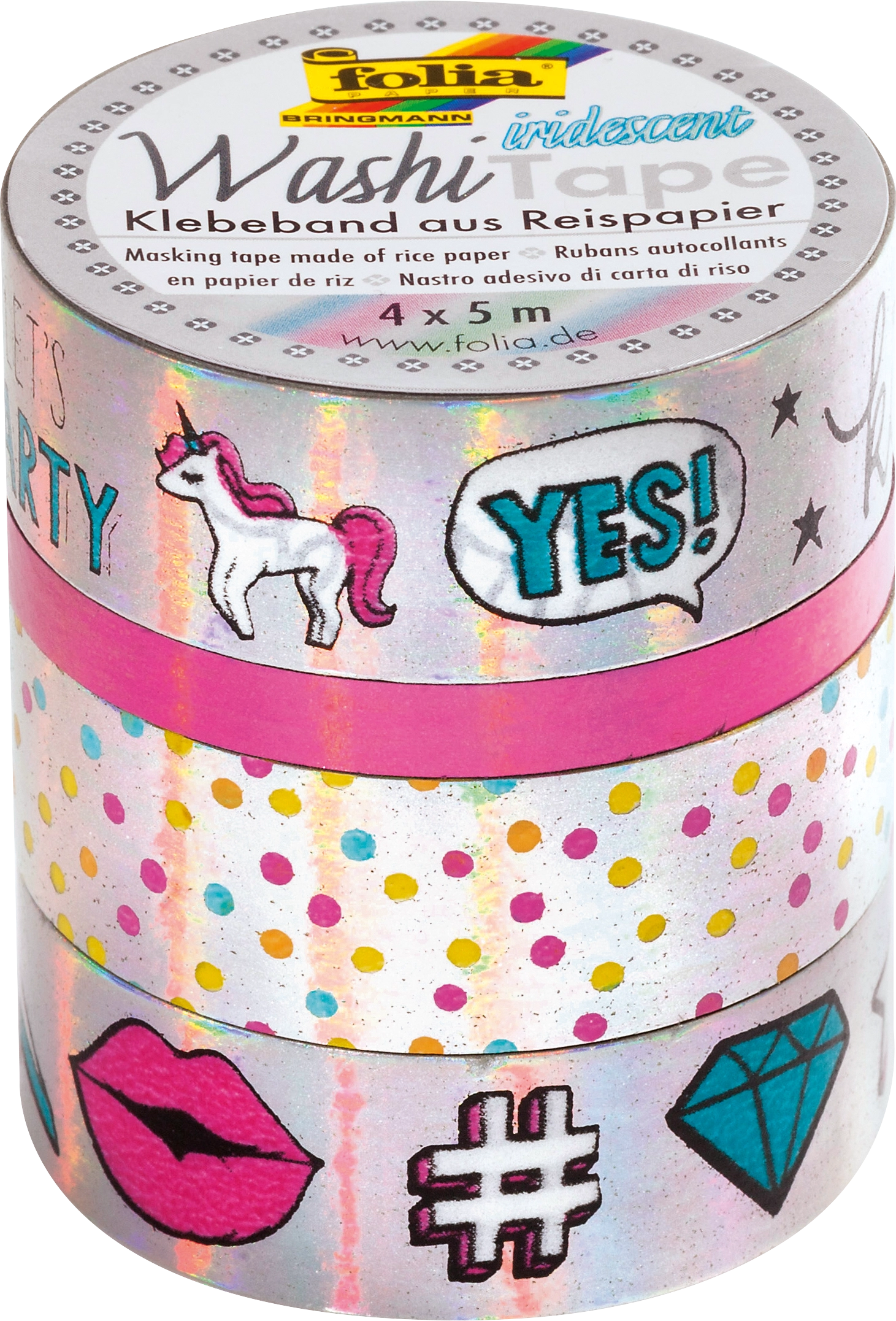 Washi Tape, Hotfoil Irisierend Silber, 4x 5 m, 4 Rollen