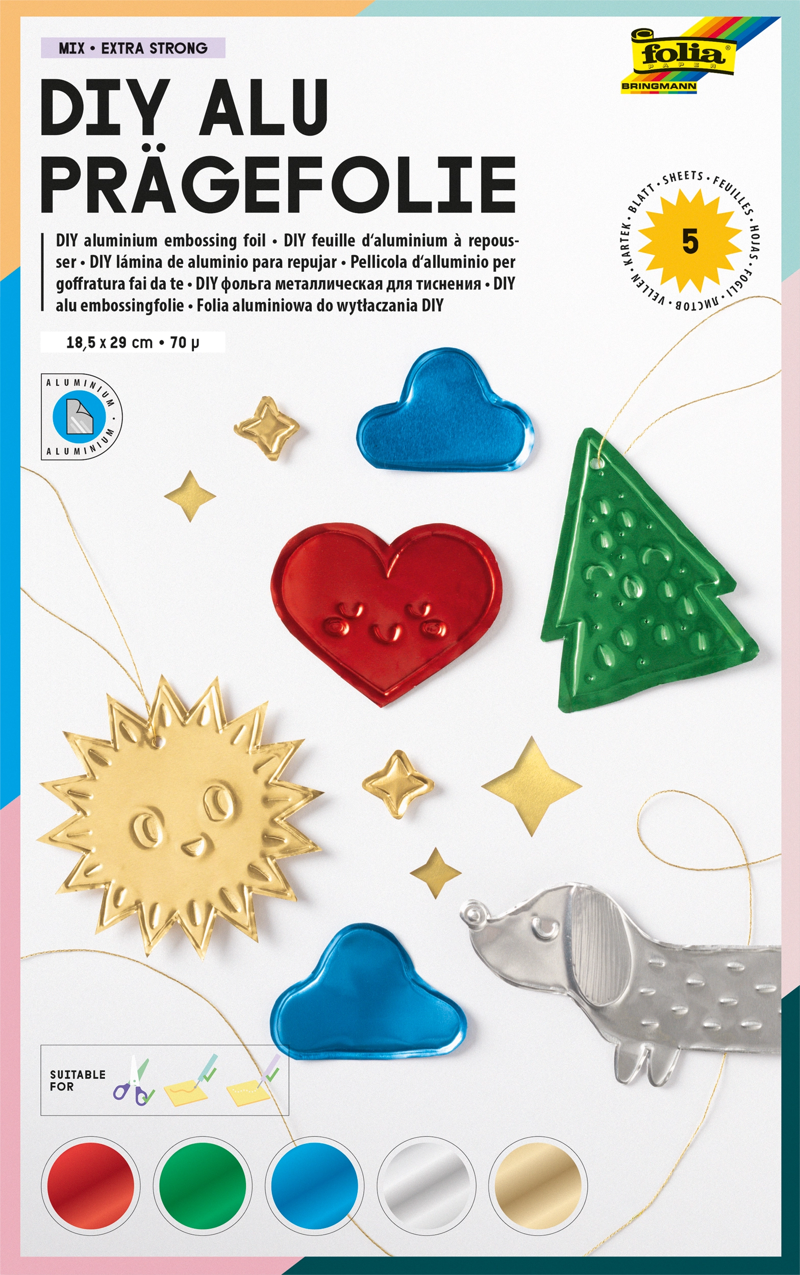 DIY Alu Prägefolie, Mix Bunt, Extra Stark, 18,5 x 29 cm, 5 Blatt, 5 Blatt