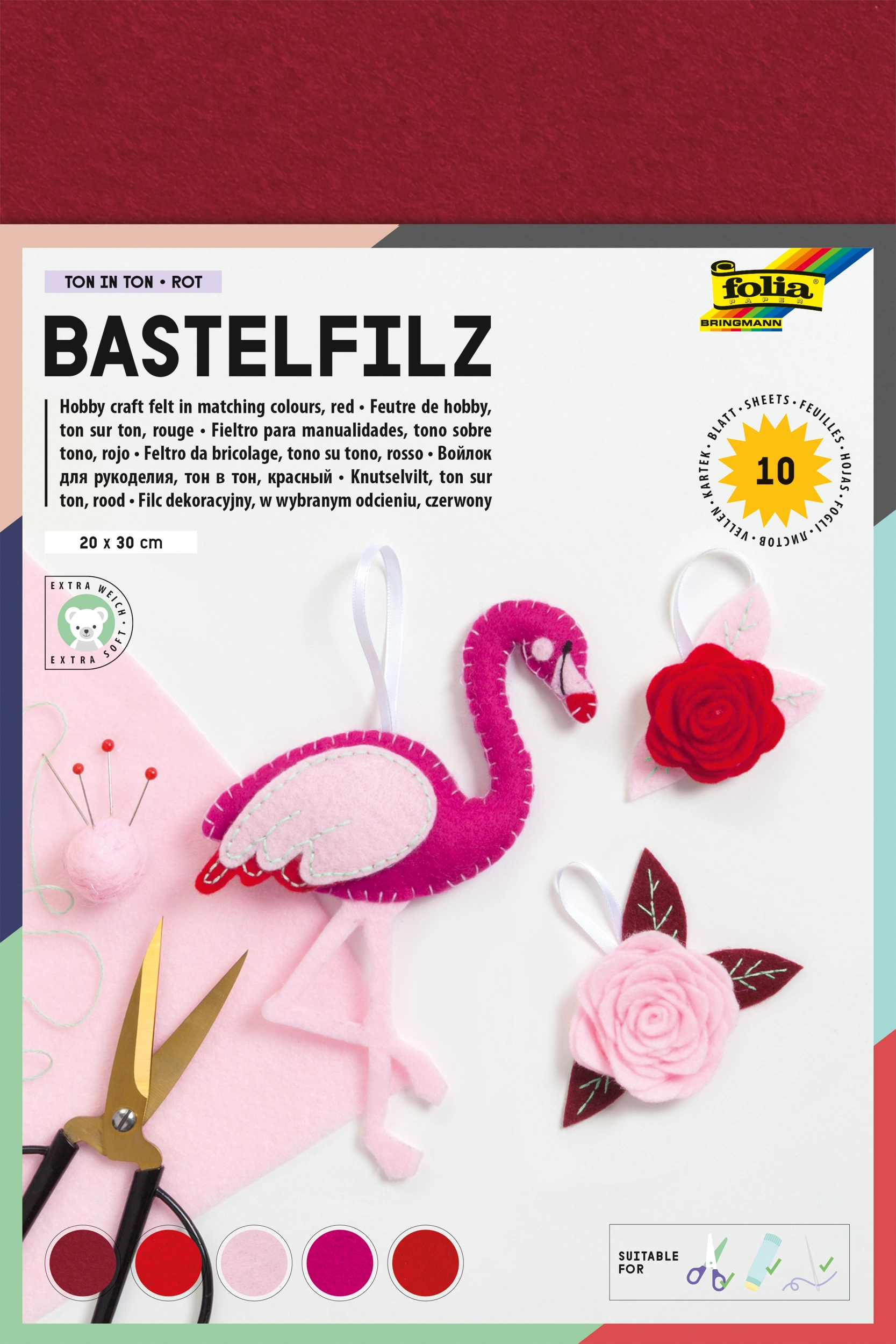 Bastelfilz, Ton in Ton, Rot, 20 x 30 cm, 150 g/m², 10 Blatt
