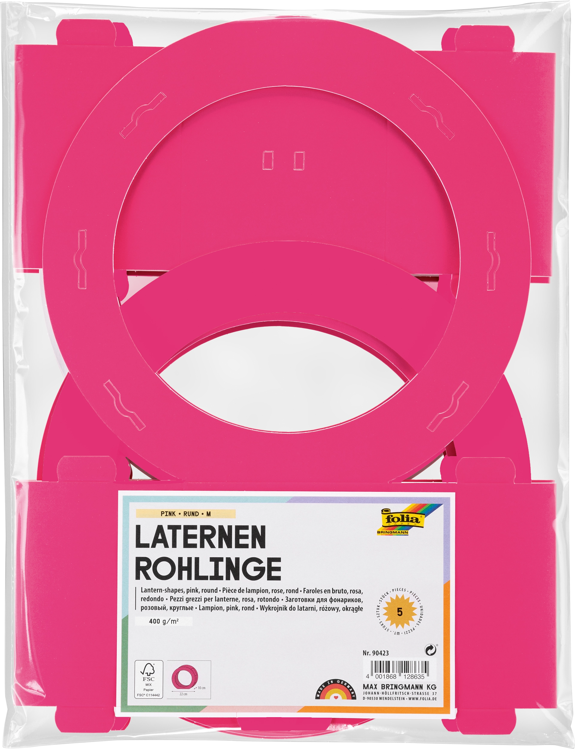 Laternen-Rohlinge, Pink, Rund, Ø 22 x 10 cm, 400 g/m², Ø 22 cm, 5 Stück