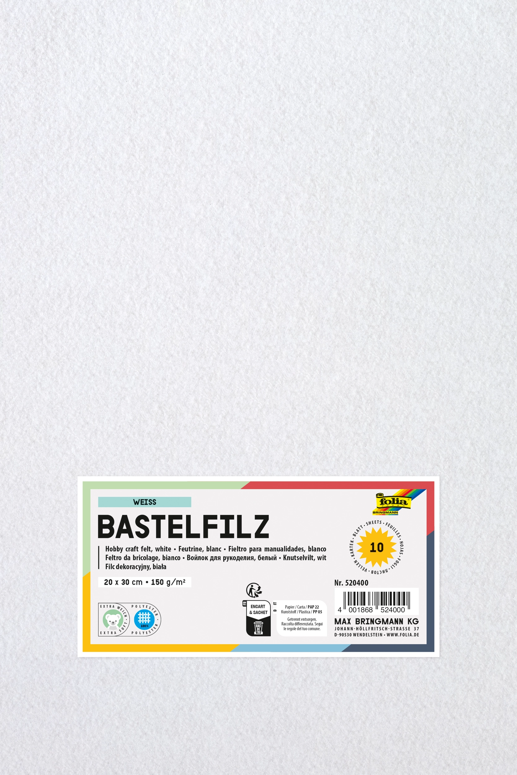 Bastelfilz, Weiß, 20 x 30 cm, 150 g/m², 10 Blatt