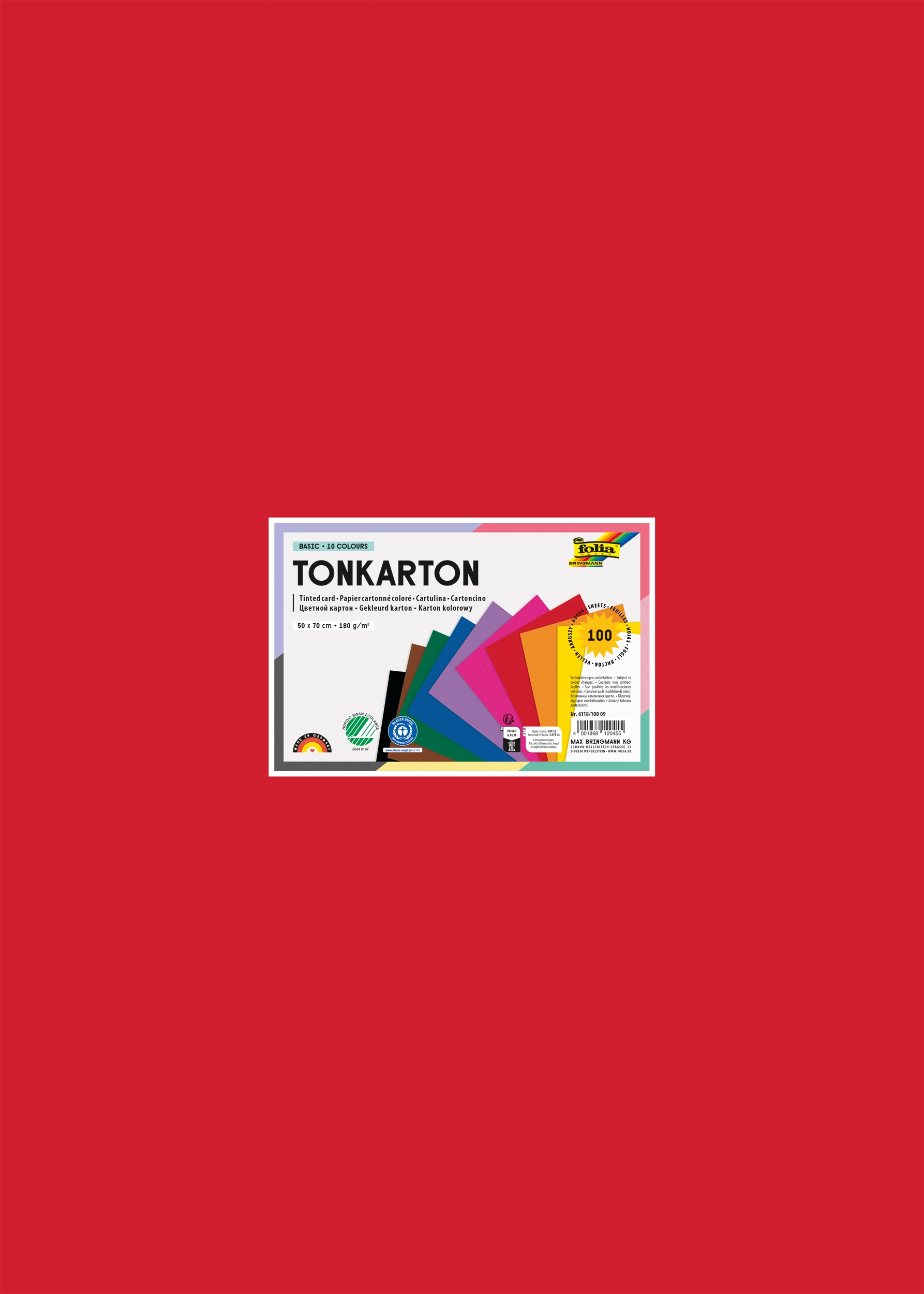 Tonkarton, Basic, 10 Farben, 50 x 70 cm, 180g/m², 100 Blatt