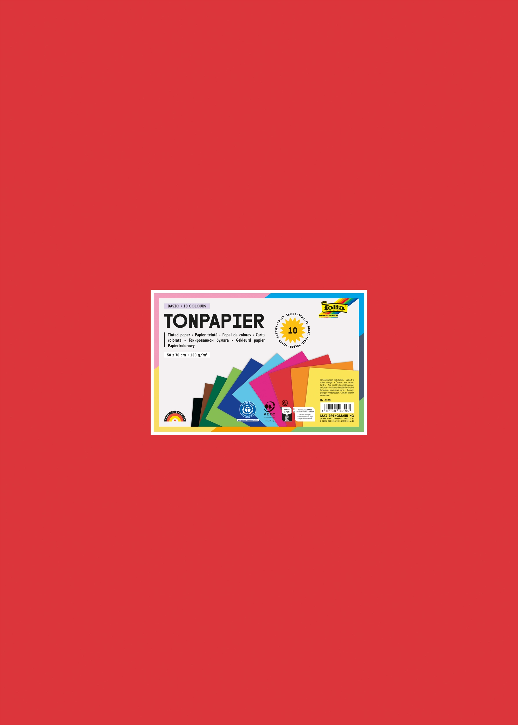 Tonpapier, Basic, 10 Farben, 50 x 70 cm, 130 g/m², 10 Blatt