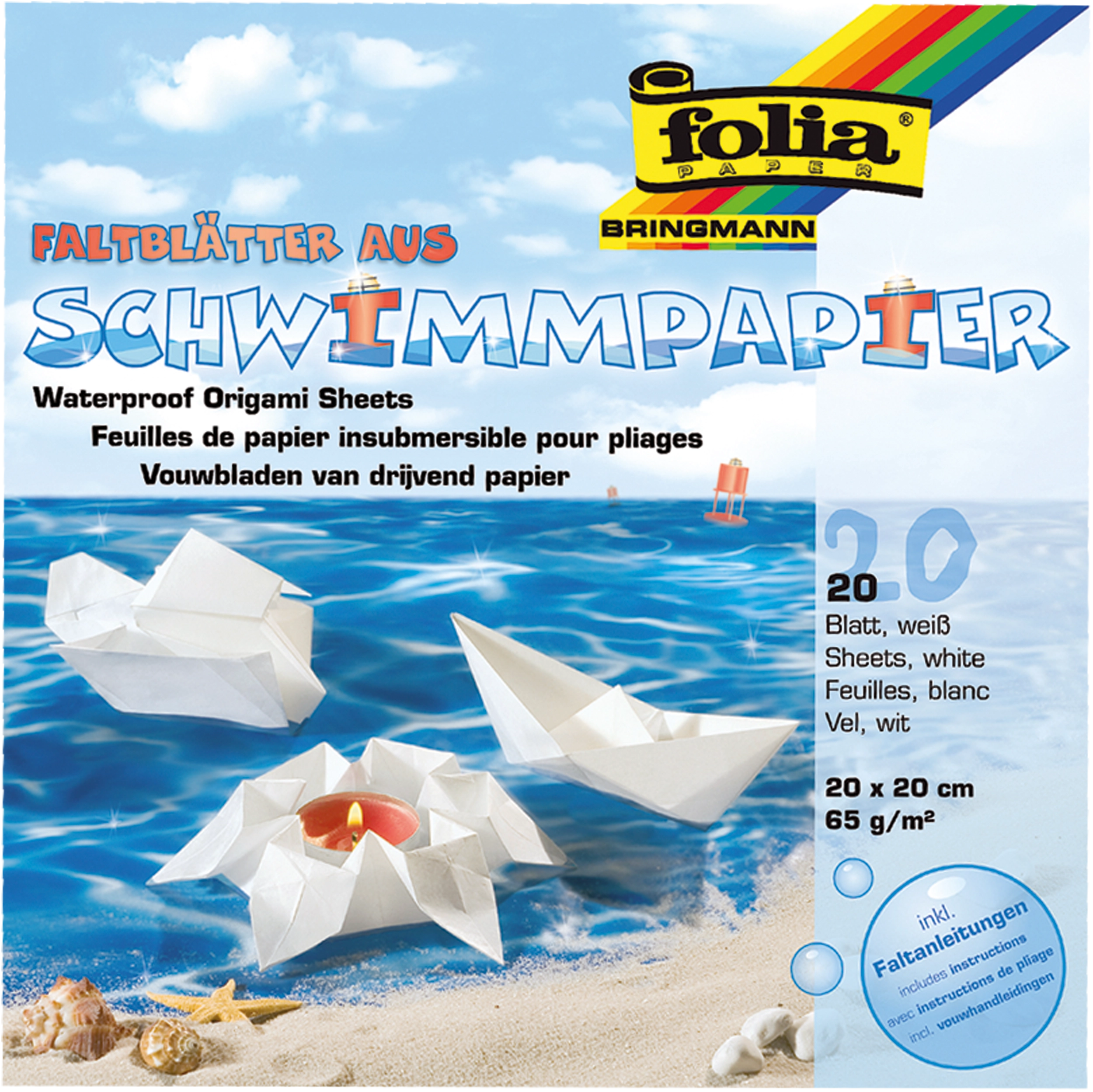 Origamipapier Wasserfest, Weiß, 20 x 20 cm, 65 g/m², 12 Blatt