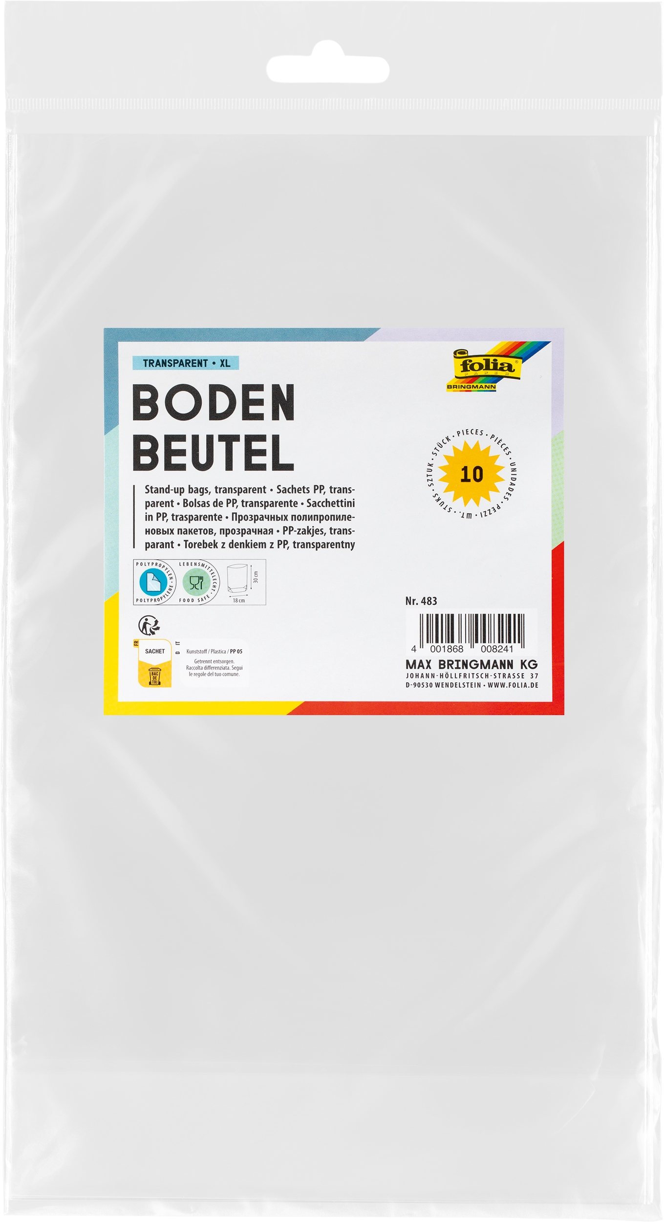 PP-Bodenbeutel, Transparent, XL, 18,5 x 30 cm, 10 Stück