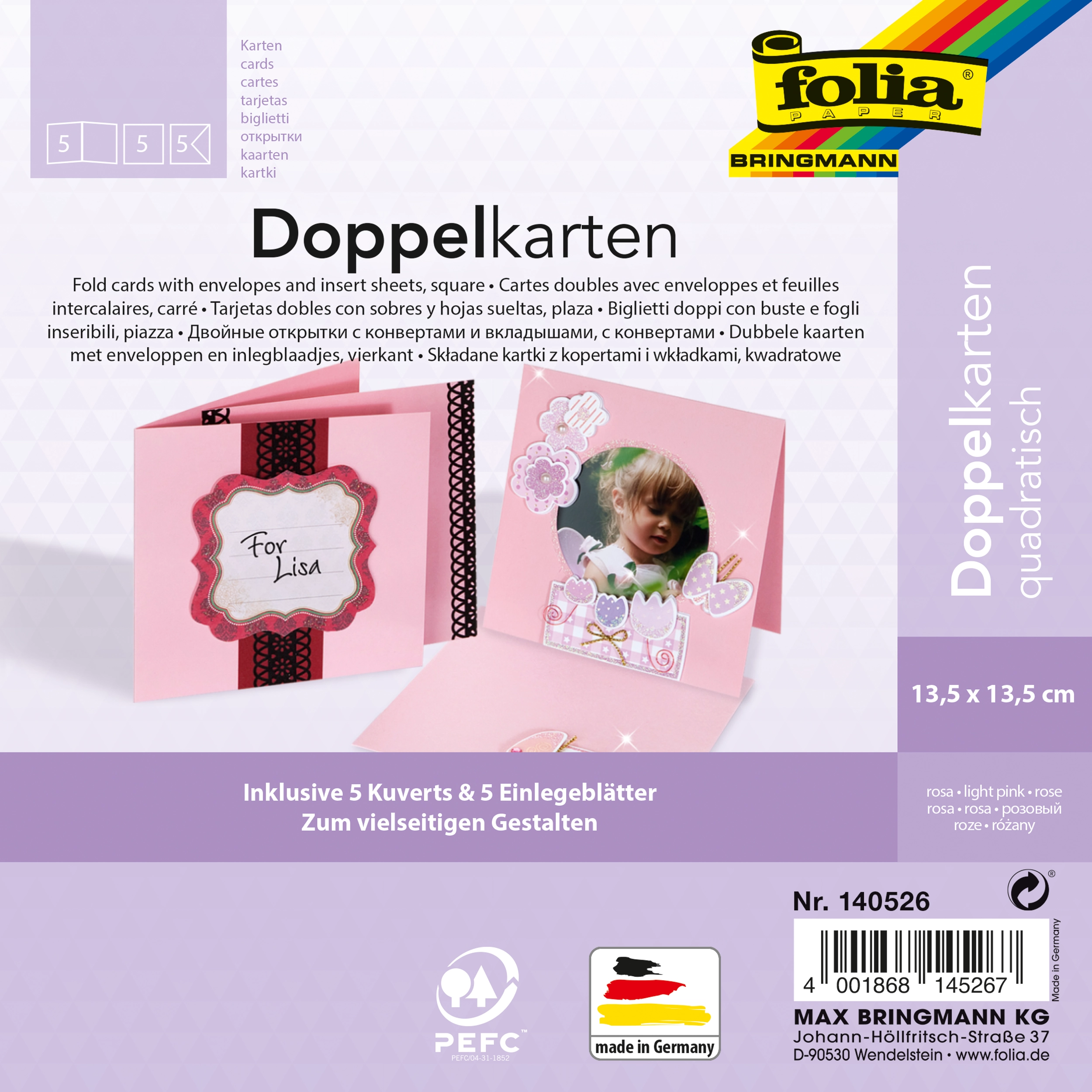 Klappkarten, Rosa, Quadratisch, 13,5 x 13,5 cm, 130 g/m², 220 g/m² , 5 Stück