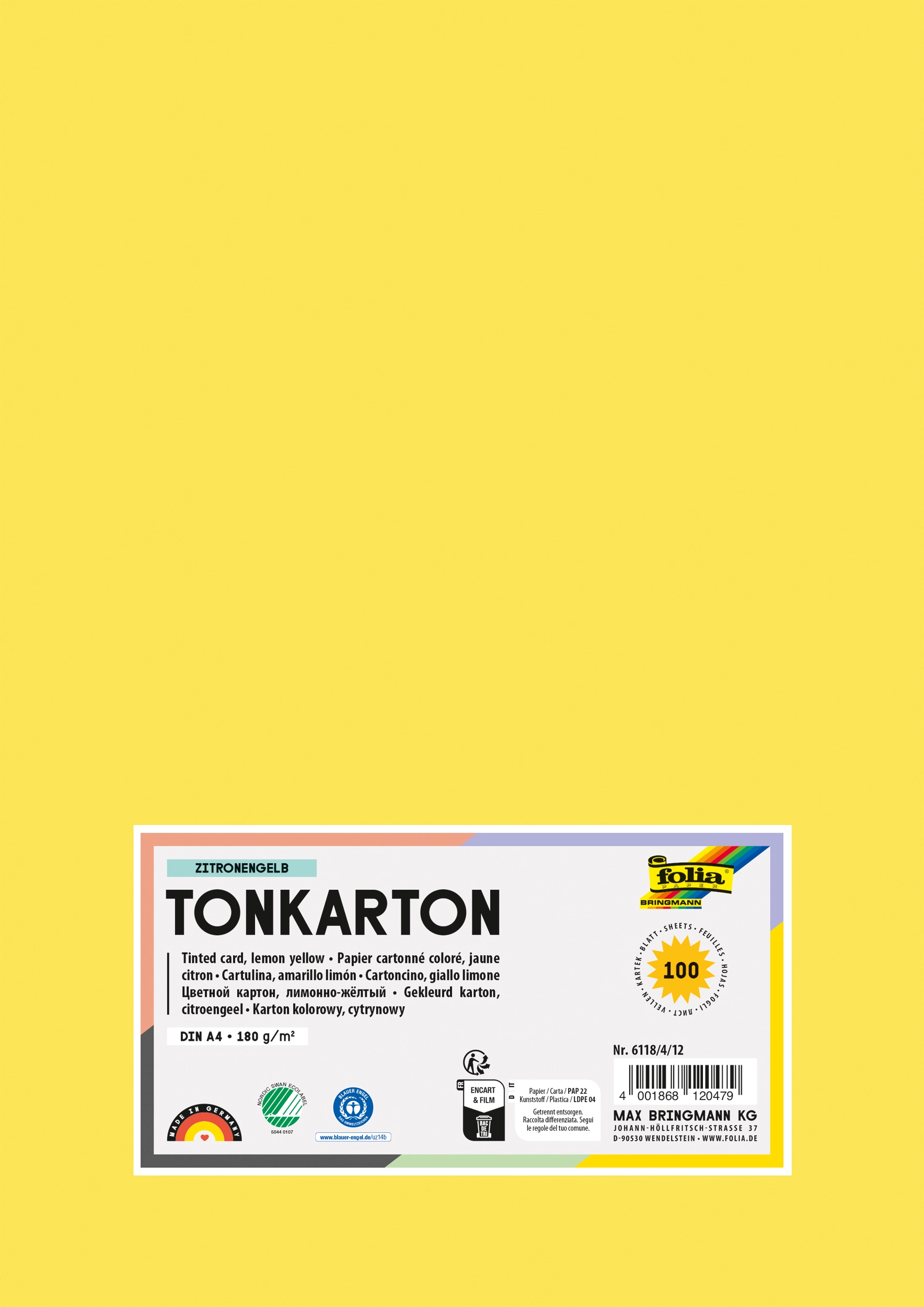 Tonkarton, Zitronengelb, DIN A4, 180g/m², 100 Blatt