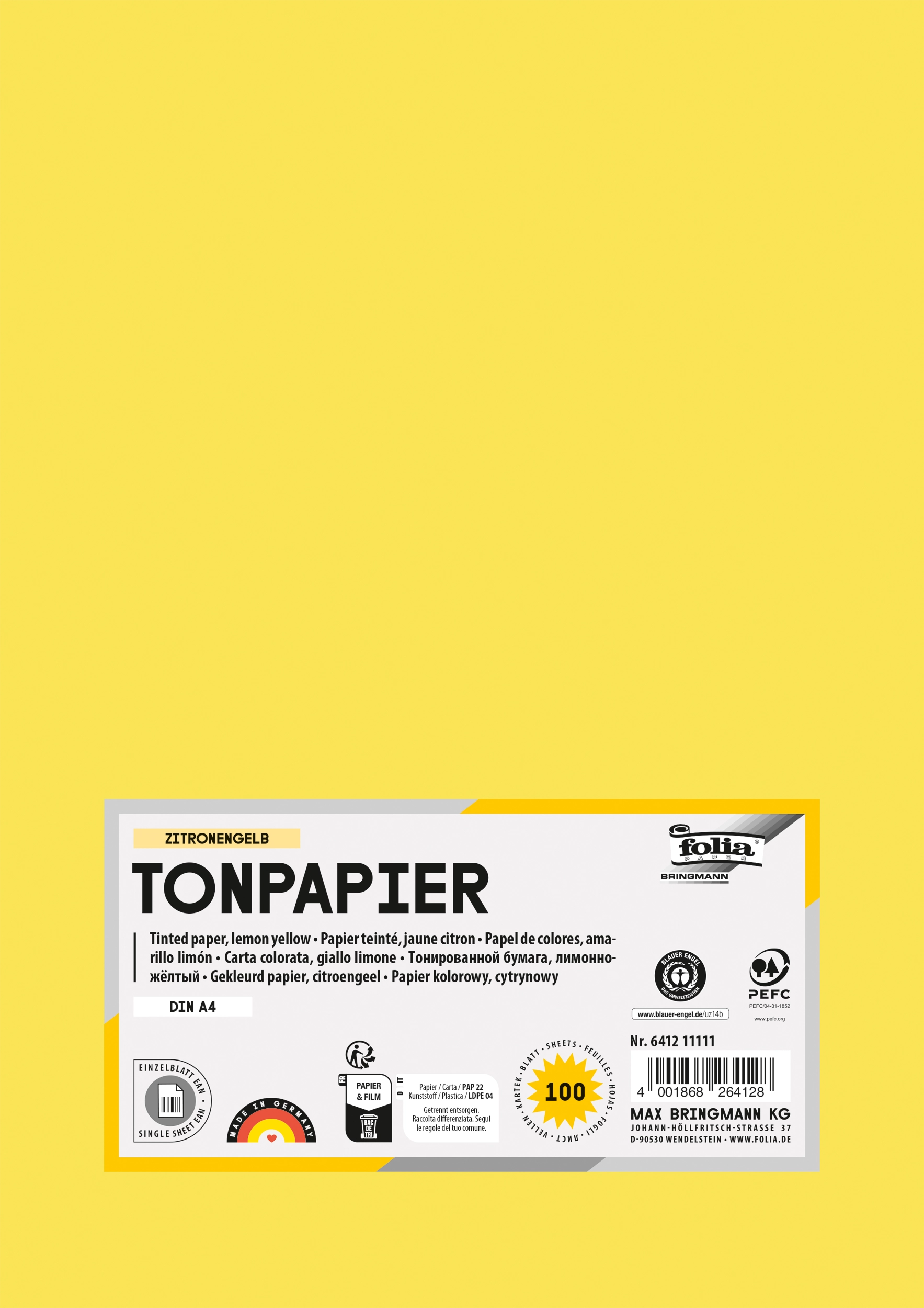 Tonpapier , Zitronengelb, DIN A4, 130 g/m², 100 Blatt, ja