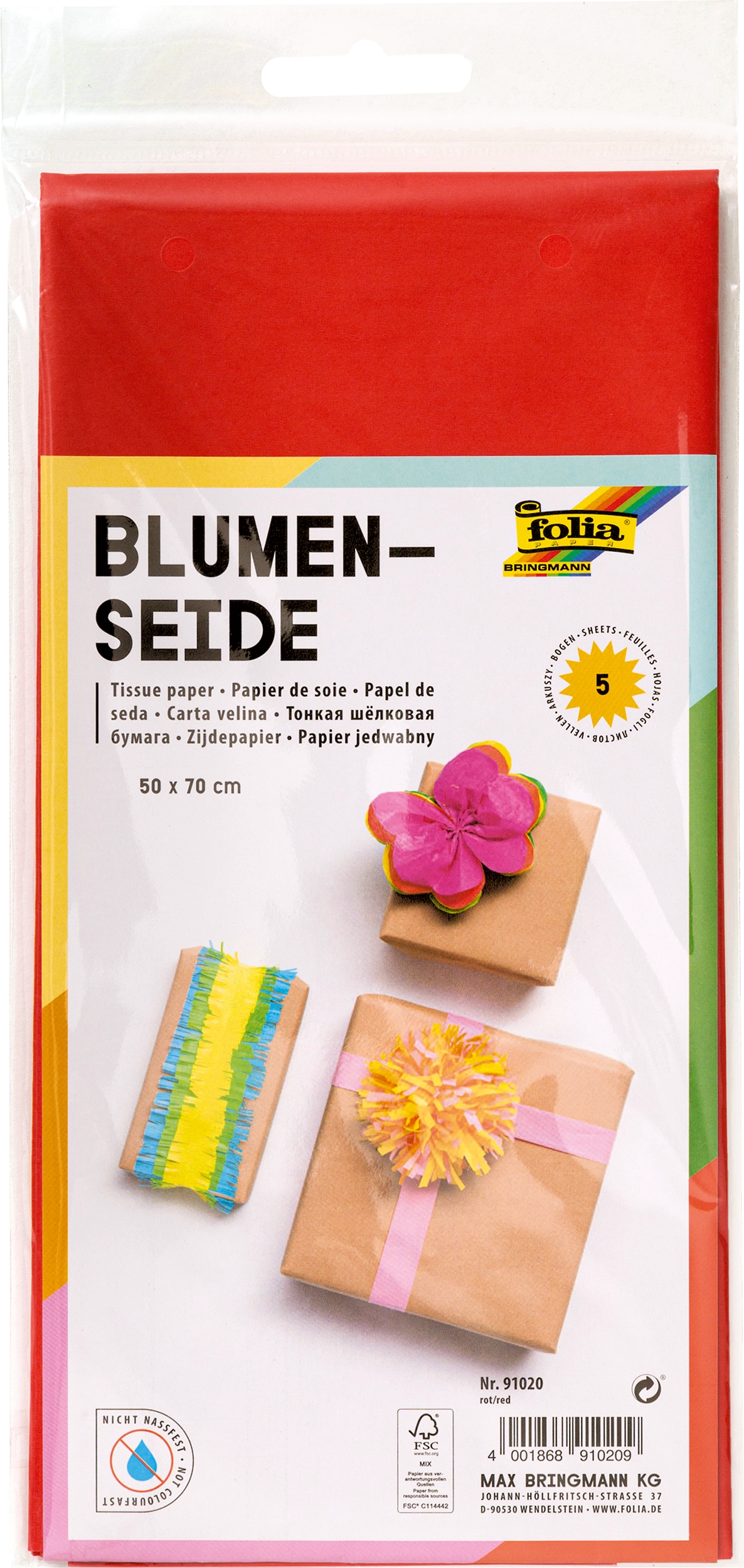 Blumenseide, Rot, 50 x 70 cm, 20 g/m², 5 Blatt