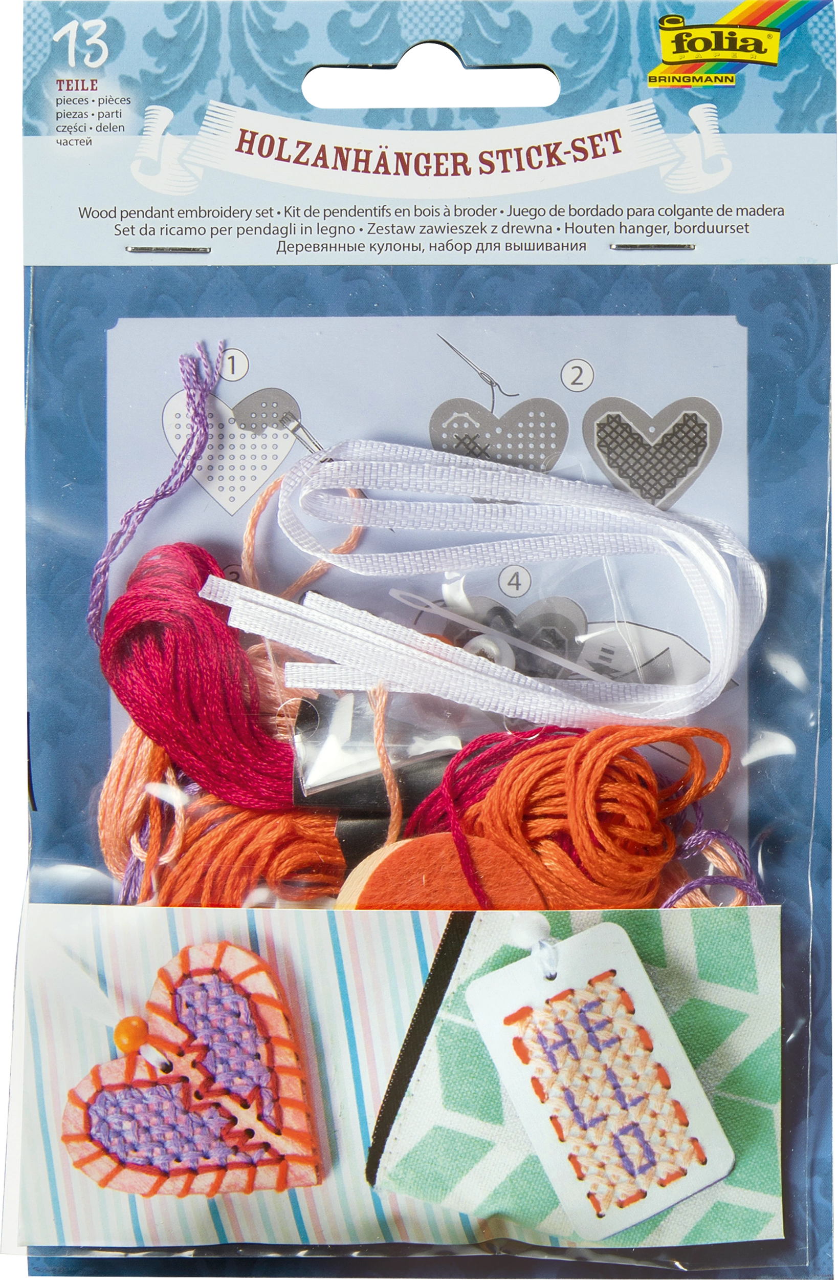 Holzanhänger Stick-Set, Herz, 13 Teile