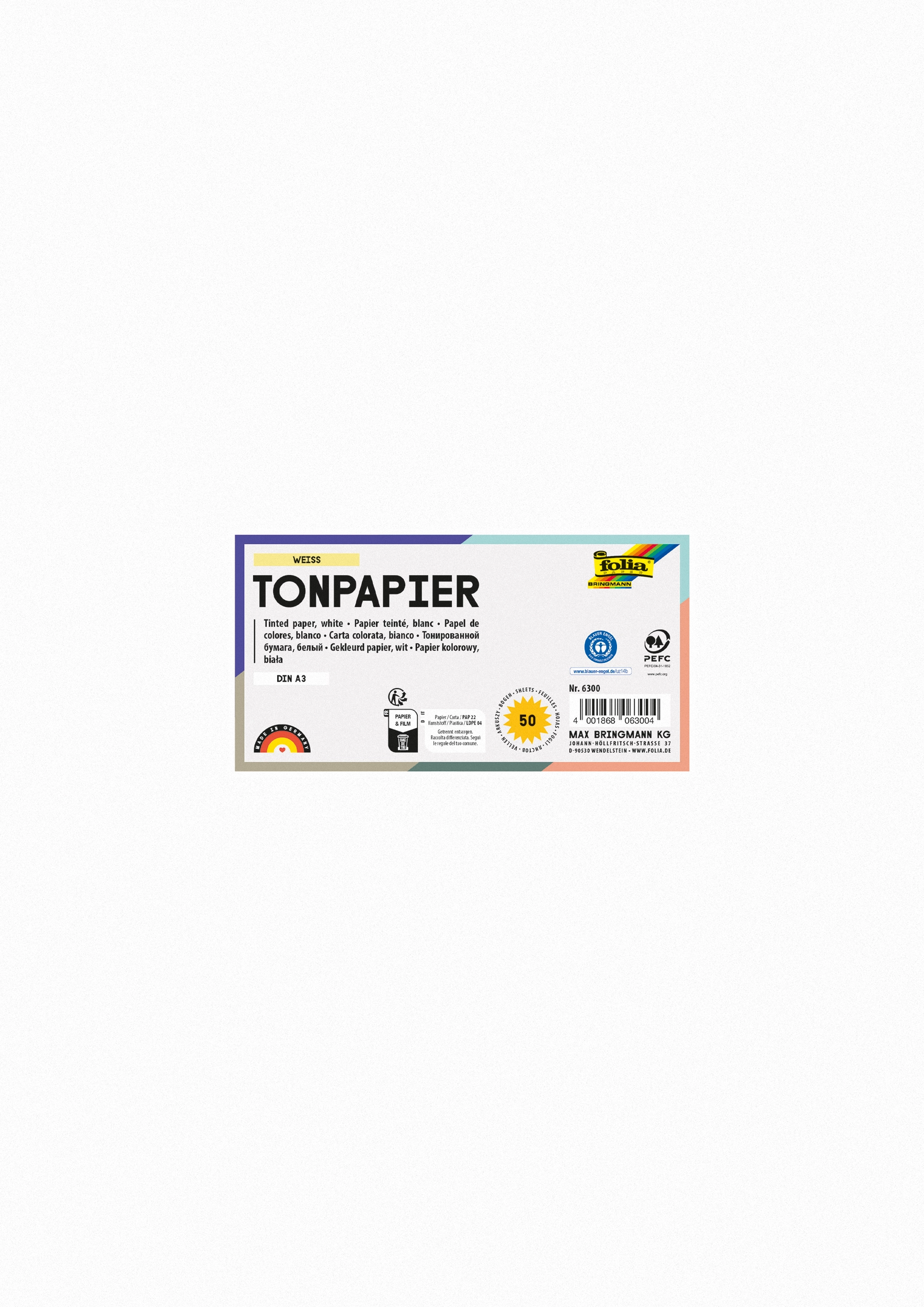 Tonpapier, Weiß, DIN A3, 130 g/m², 50 Blatt