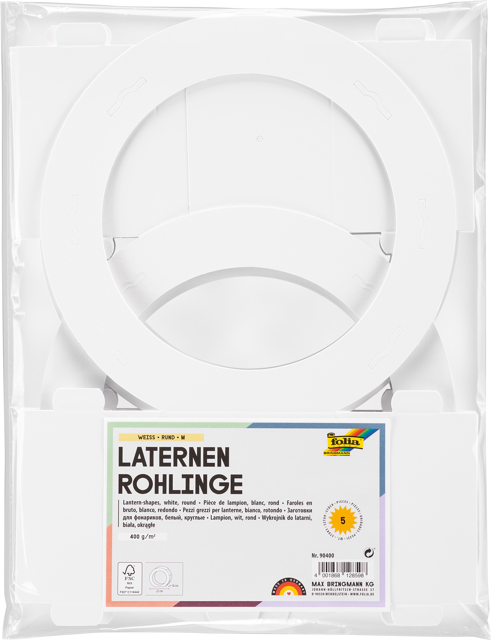 Laternen-Rohlinge, Weiß, Rund, Ø 22 x 10 cm, 400 g/m², Ø 22 cm, 5 Stück