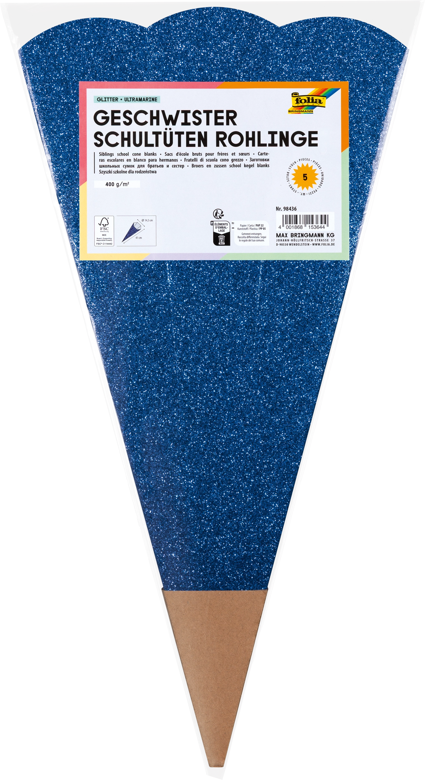 Geschwister Schultüten-Rohlinge, Glitter, Ultramarine, 400 g/m², 1 Stück