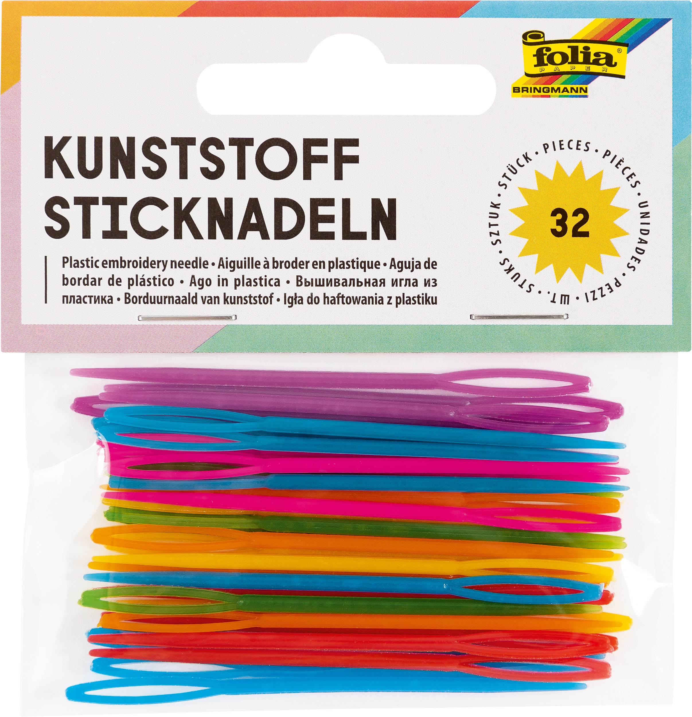 Kunststoff Sticknadeln, Mix Bunt, 65 x 1,8 mm, 32 Stück