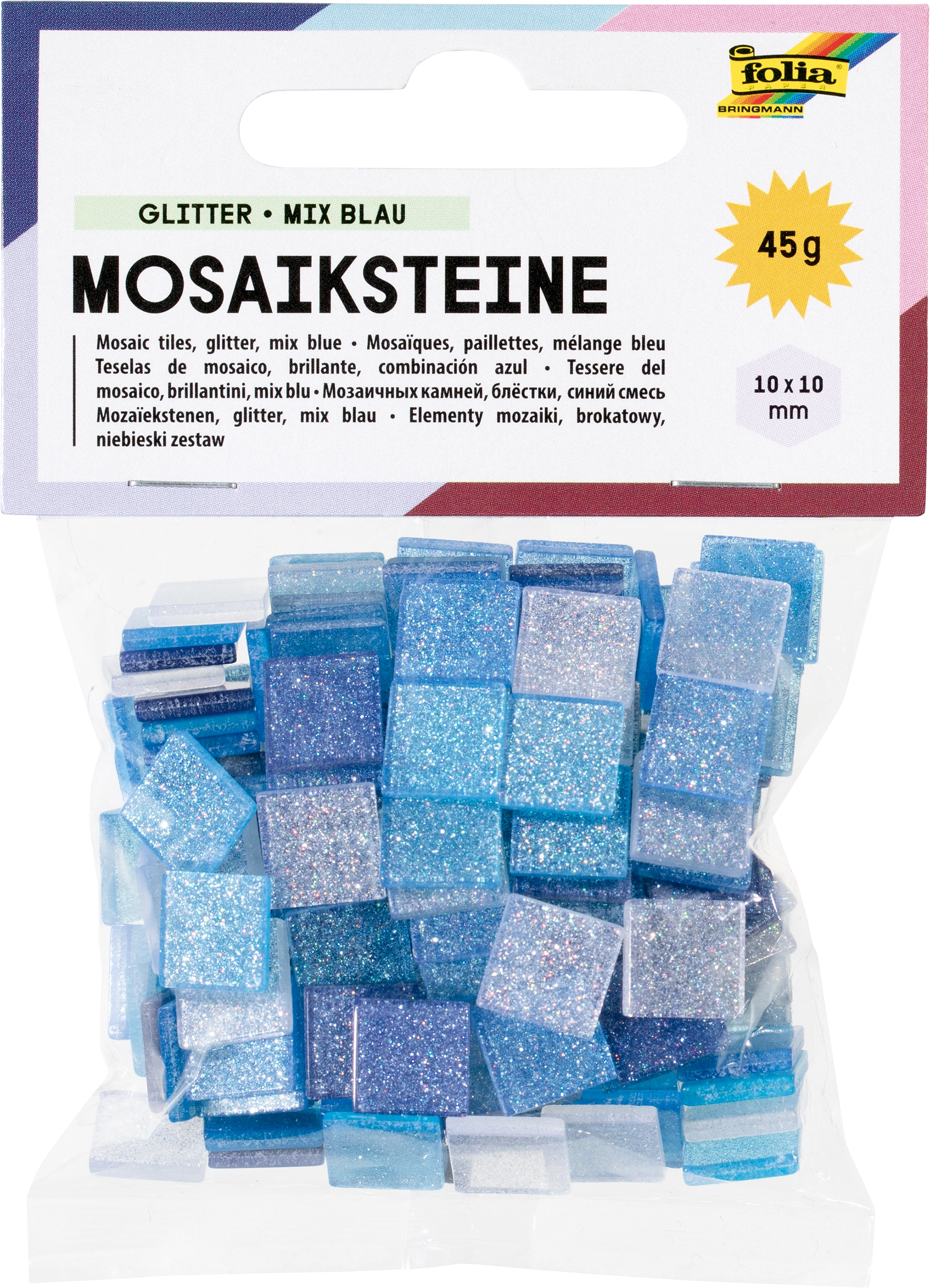 Resin-Mosaiksteine, Glitter, Mix Blau, 10 x 10 mm, 190 Stück