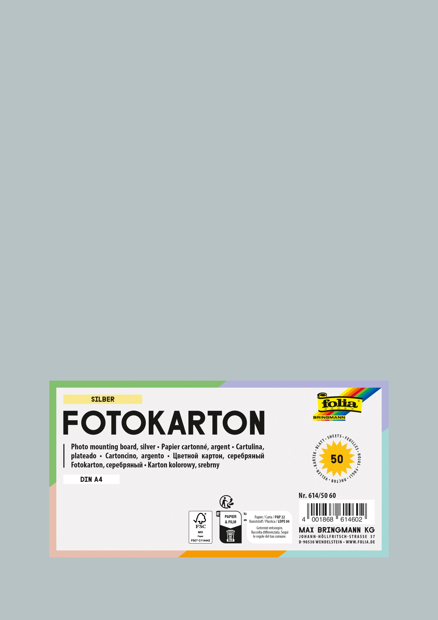 Fotokarton, Silber, DIN A4, 300 g/m², 50 Blatt