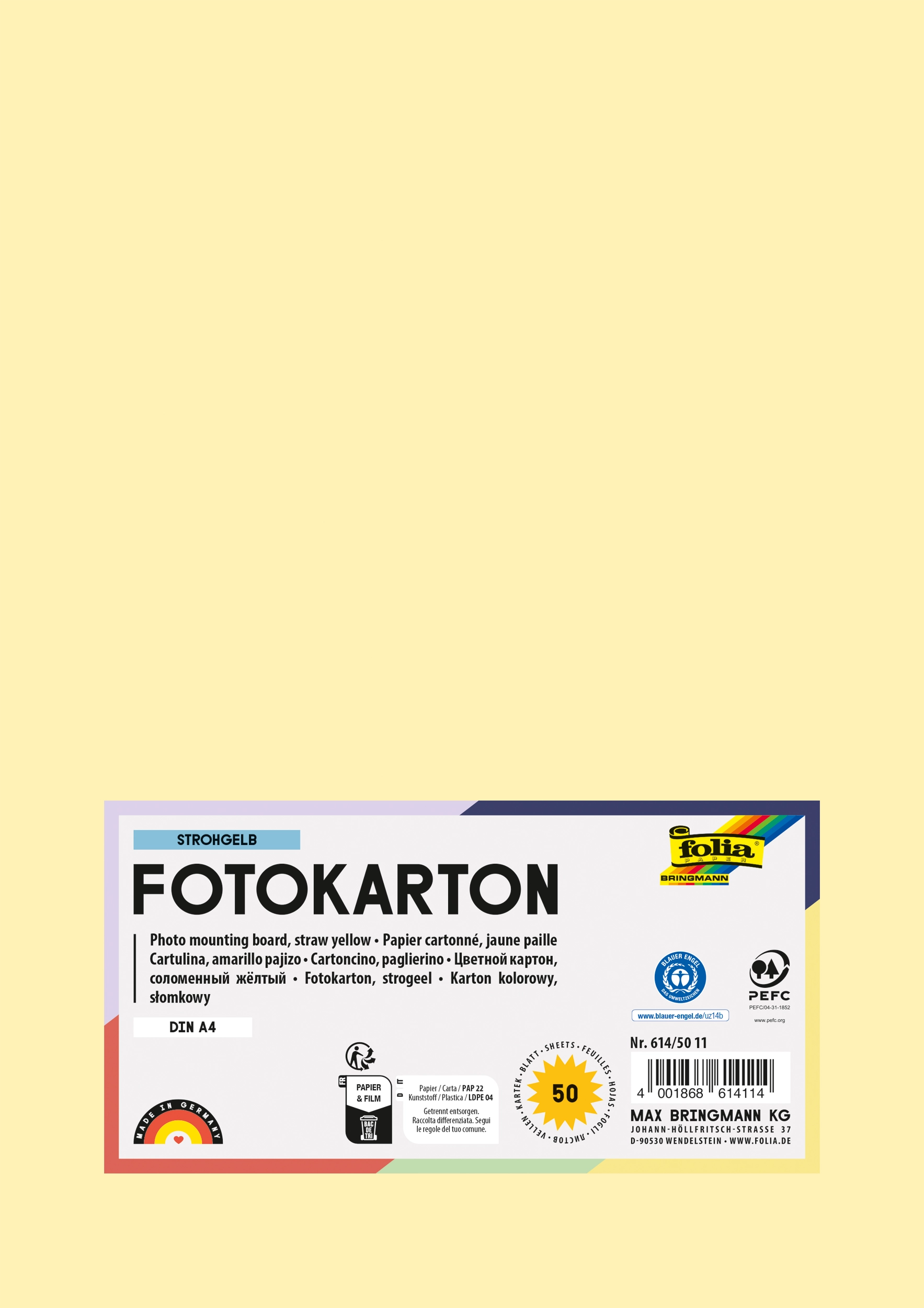 Photo Mounting Board, Straw Yellow, DIN A4, 300 g/m², 50 sheets