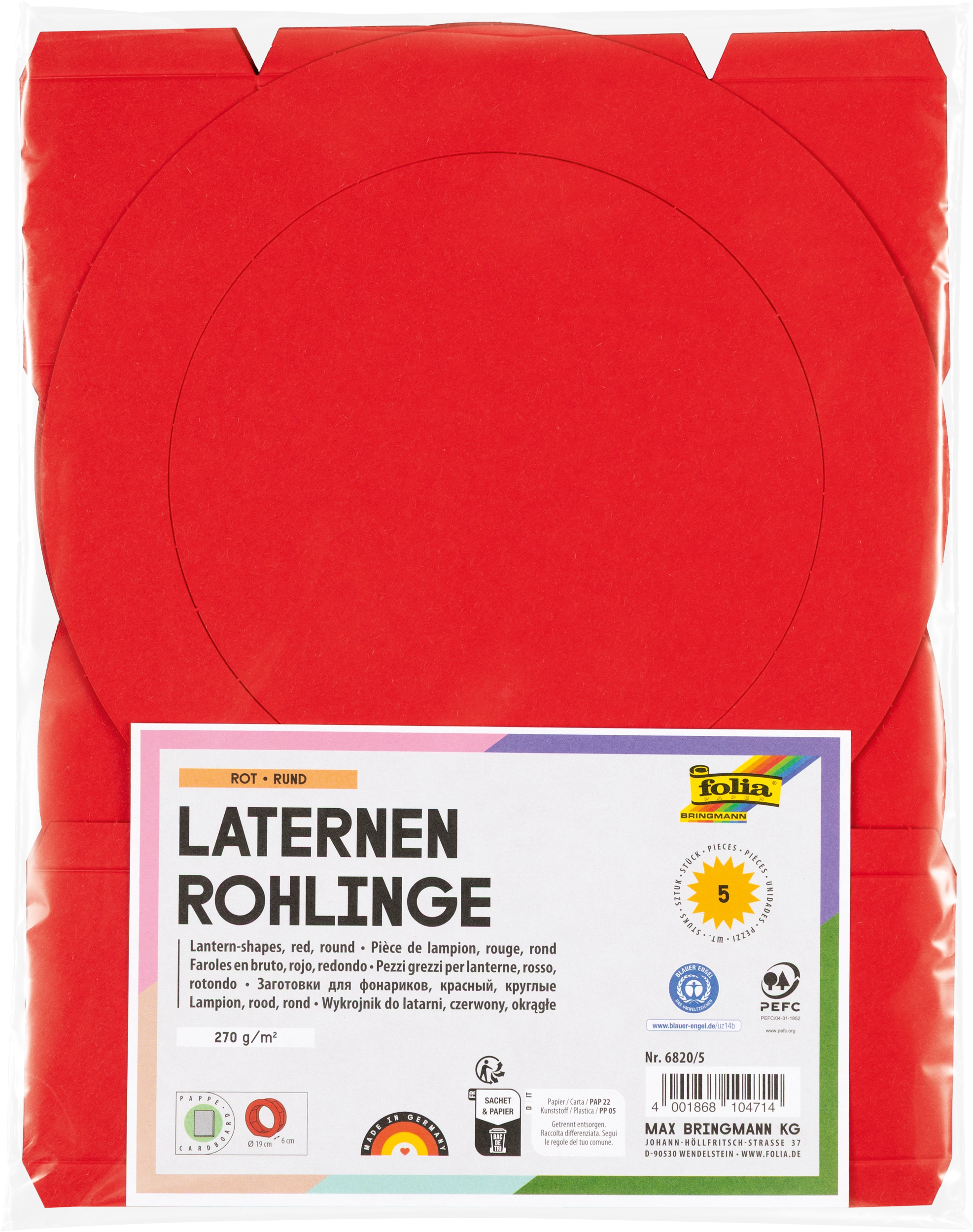Laternen-Rohlinge aus Fotokarton, Hochrot, Rund, Ø 19 x 6 cm, 300 g/m², Ø 19 cm, 5 Stück