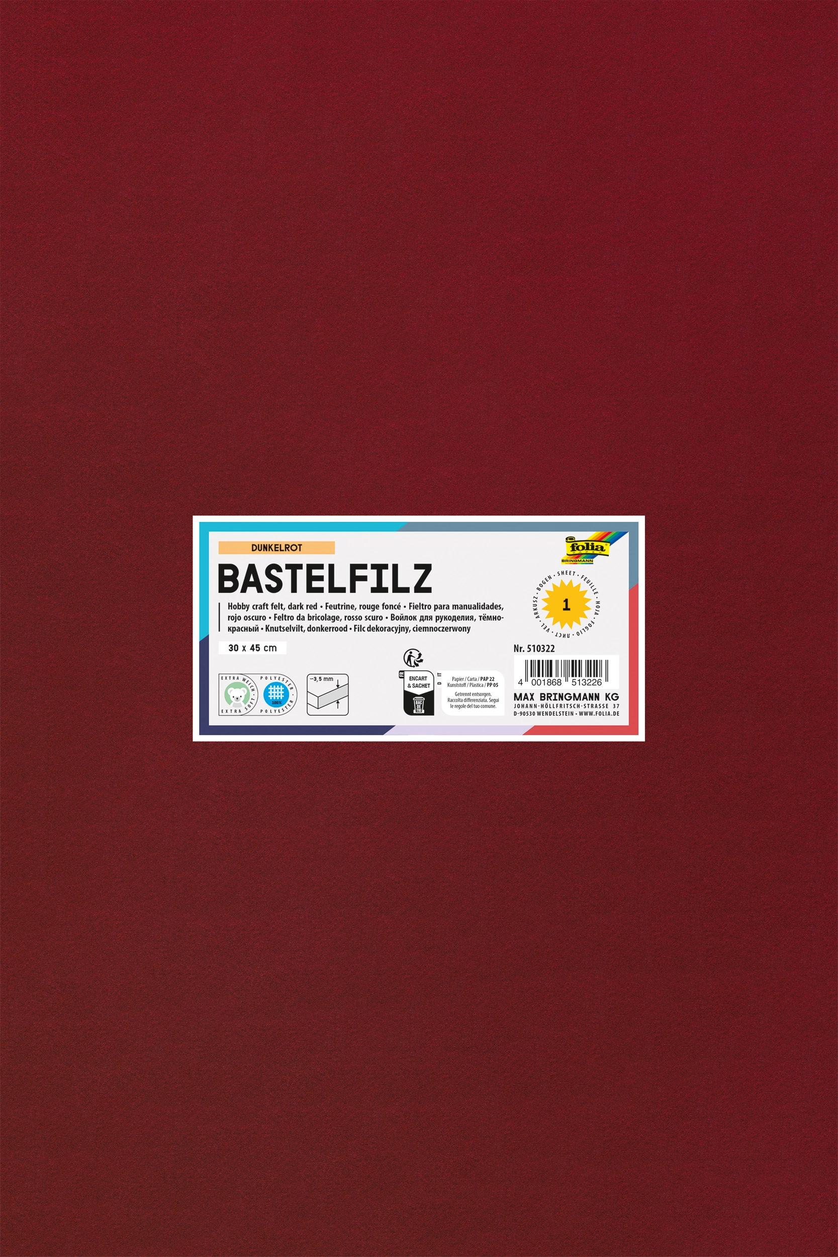 Bastelfilz, Dunkelrot, 30 x 45 cm, 1 Blatt