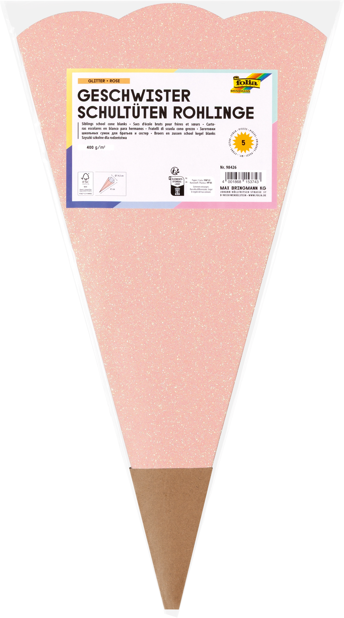 Geschwister Schultüten-Rohlinge, Glitter, Rose, 400 g/m², 1 Stück