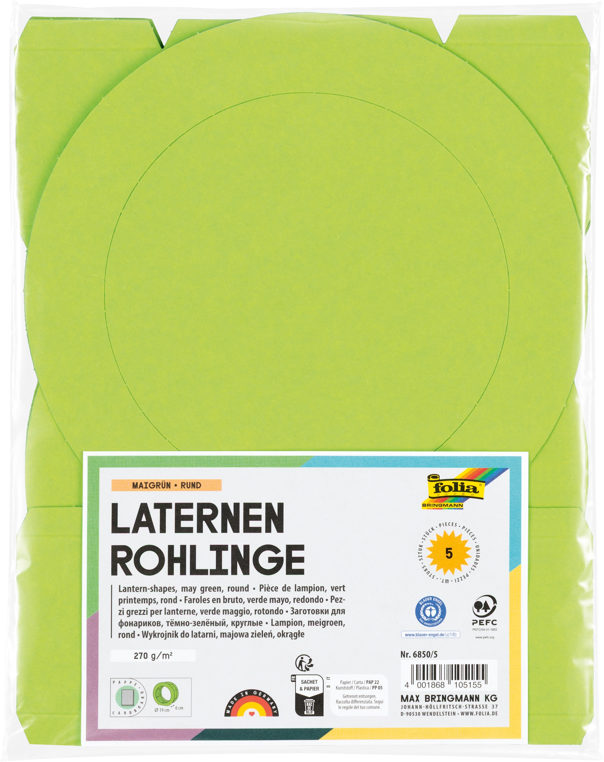 Laternen-Rohlinge aus Fotokarton, Maigrün, Rund, Ø 19 x 6 cm, 300 g/m², Ø 19 cm, 5 Stück
