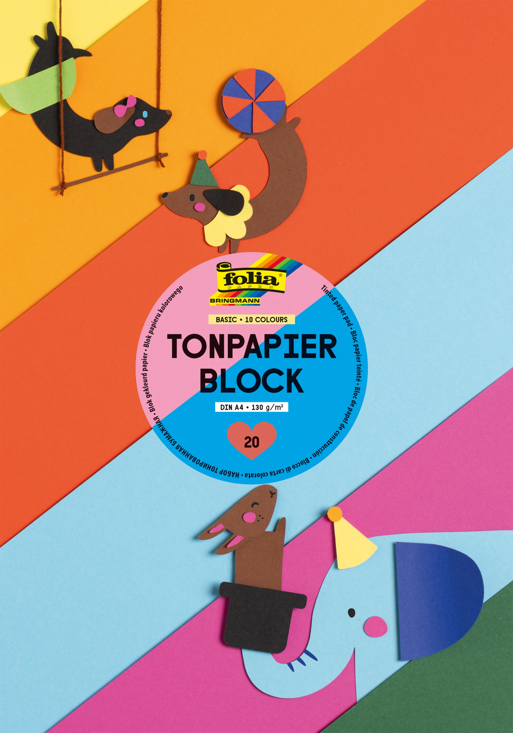 Tonpapierblock, Basic, 10 Farben, DIN A4, 130 g/m², 20 Blatt