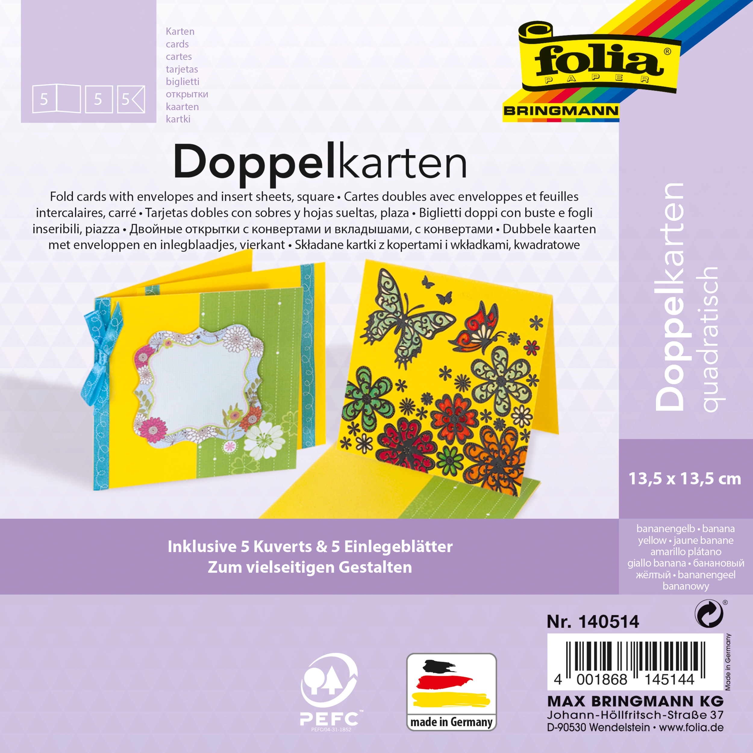 Klappkarten, Bananengelb, Quadratisch, 13,5 x 13,5 cm, 130 g/m², 220 g/m² , 5 Stück