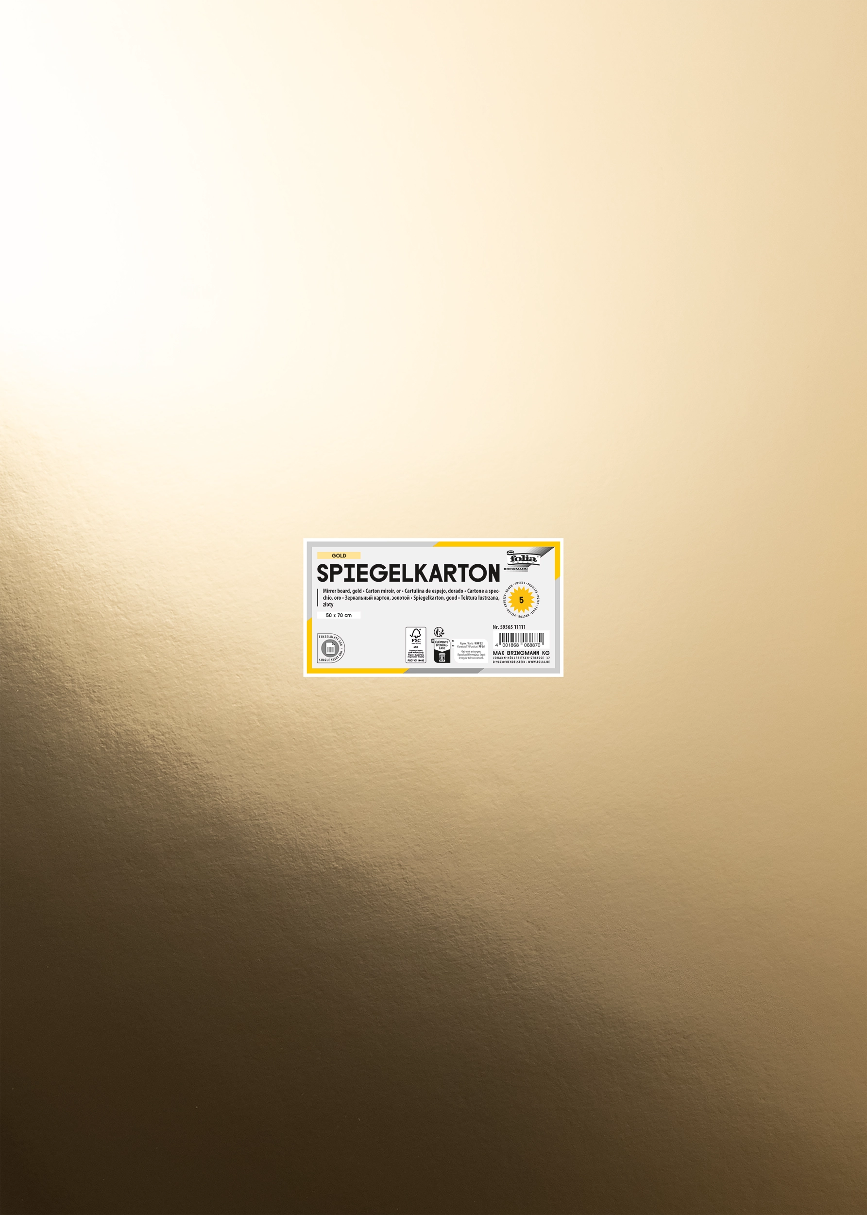 Spiegelkarton, Gold, 50 x 70 cm, 270 g/m², 5 Blatt, mit Einzel-EAN-Auszeichnung